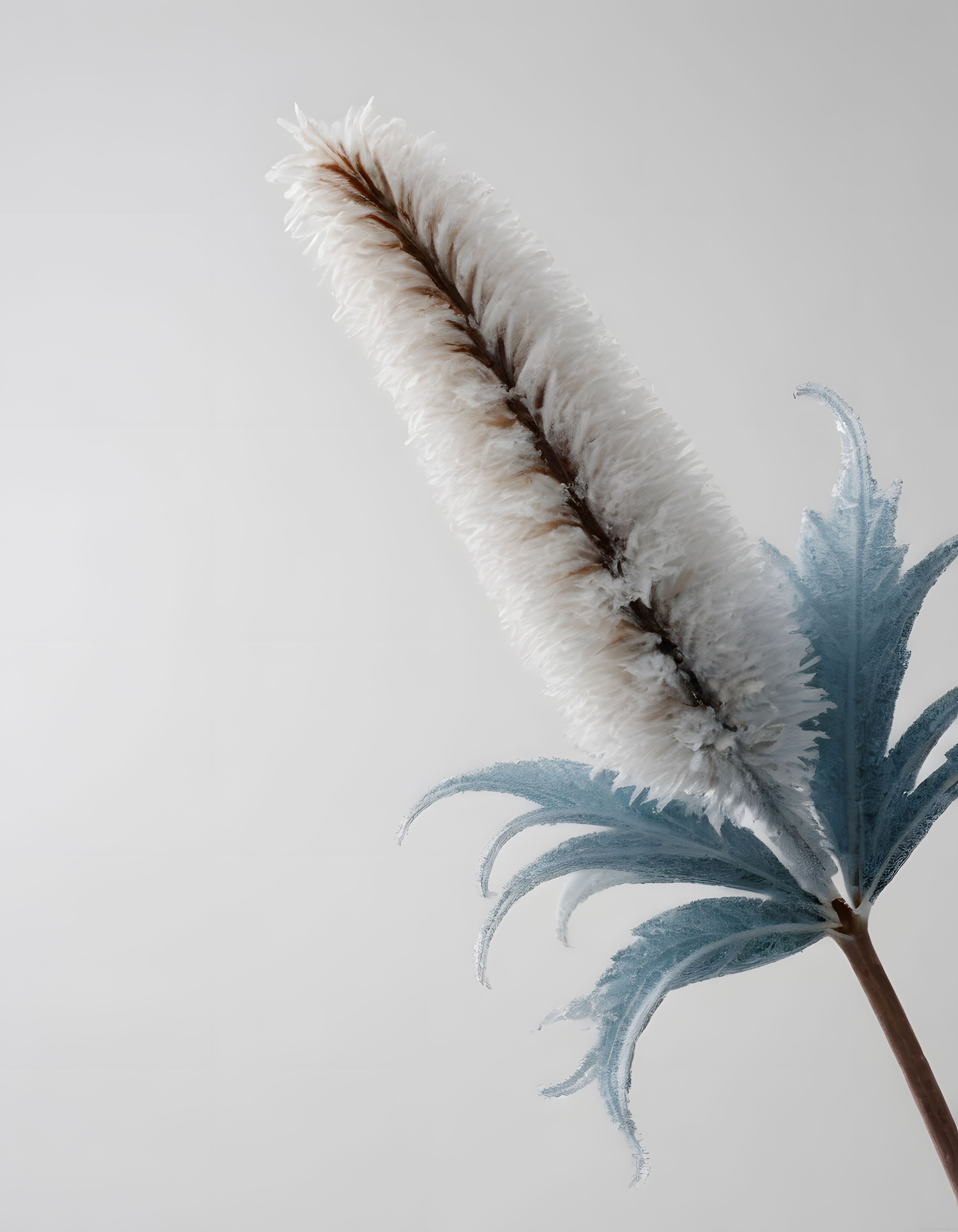 Minimalist Beyaz Arka Planda Yumuşak Dokulu Pampas Otu ve Soluk Mavi Yapraklar