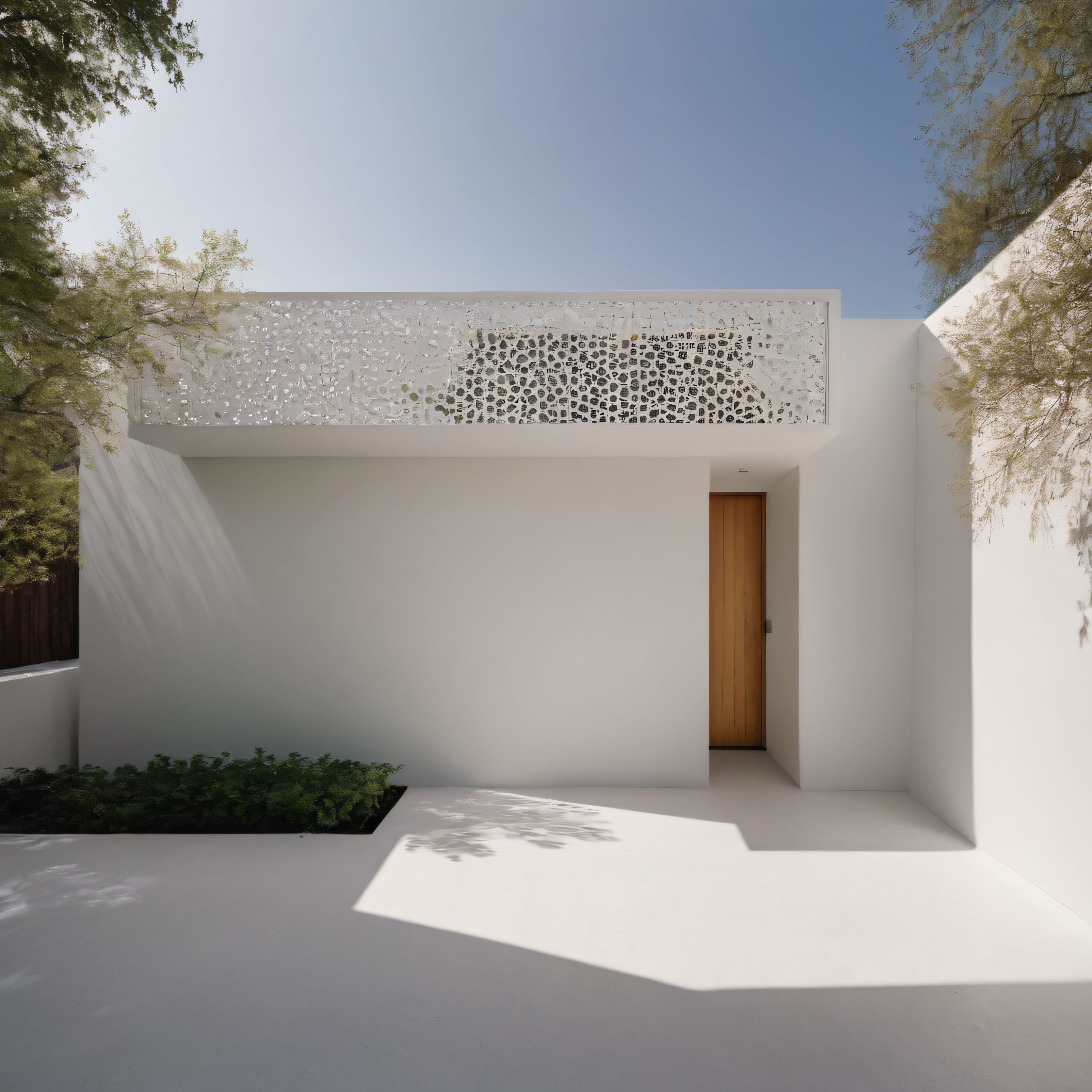 Minimalist beyaz avlu, doğal ışık ve ahşap detaylarla huzurlu modern mimari