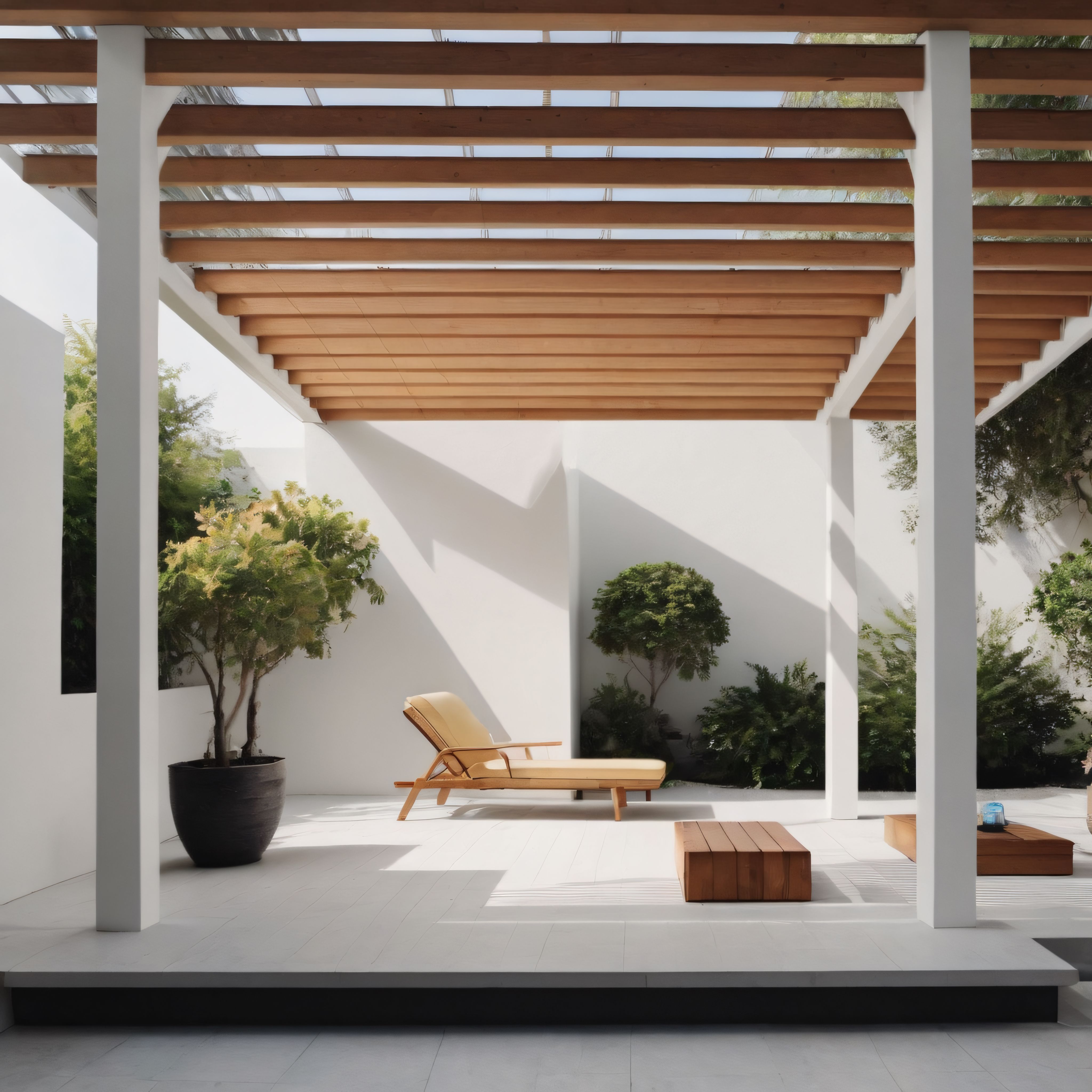 Minimalist Beyaz Avlu ve Ahşap Pergolalı Modern Dış Mekan Tasarım Örneği