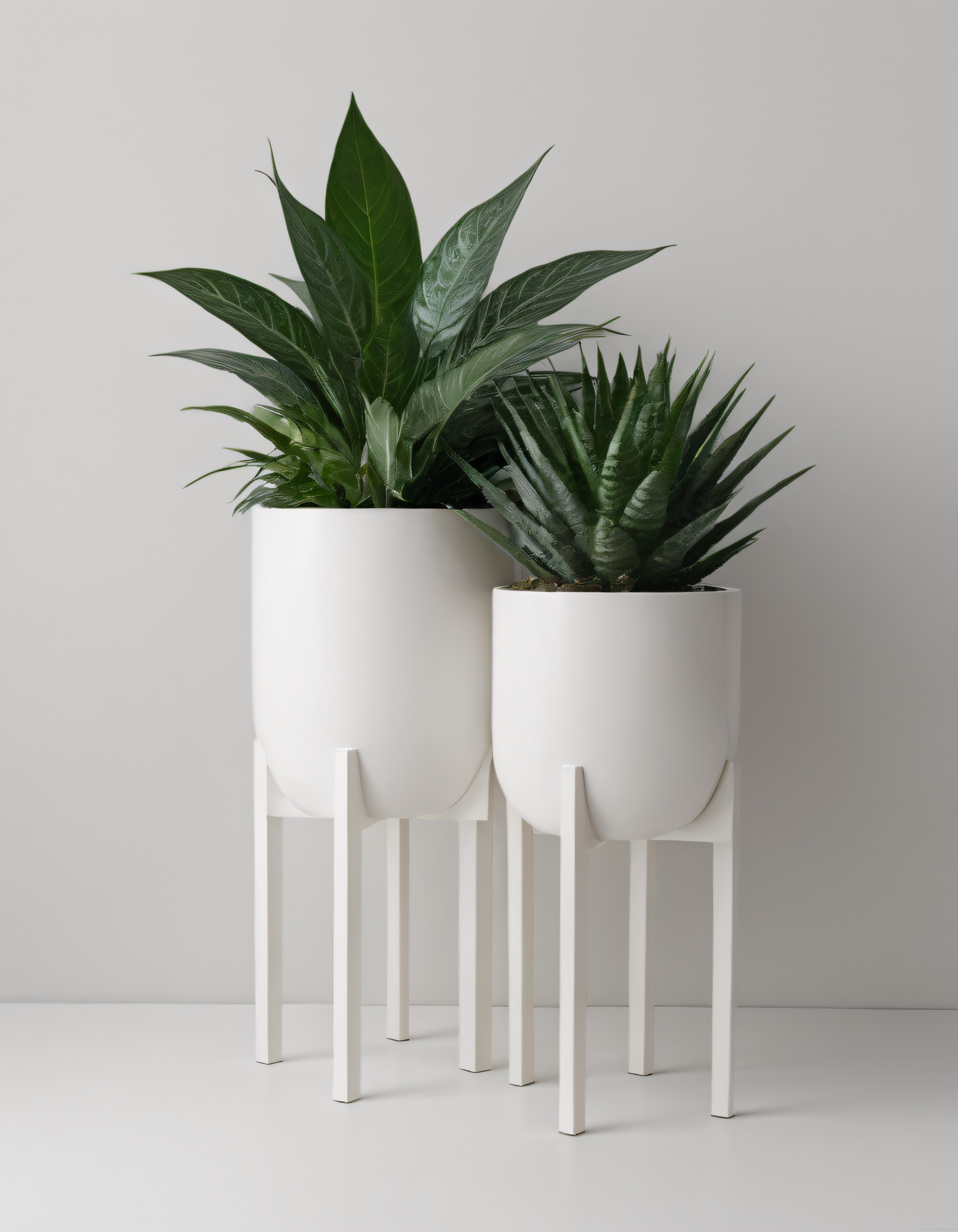 Minimalist Beyaz Ayaklı Saksılarda Yeşil Bitkiler ve Modern Ev Dekorasyonu