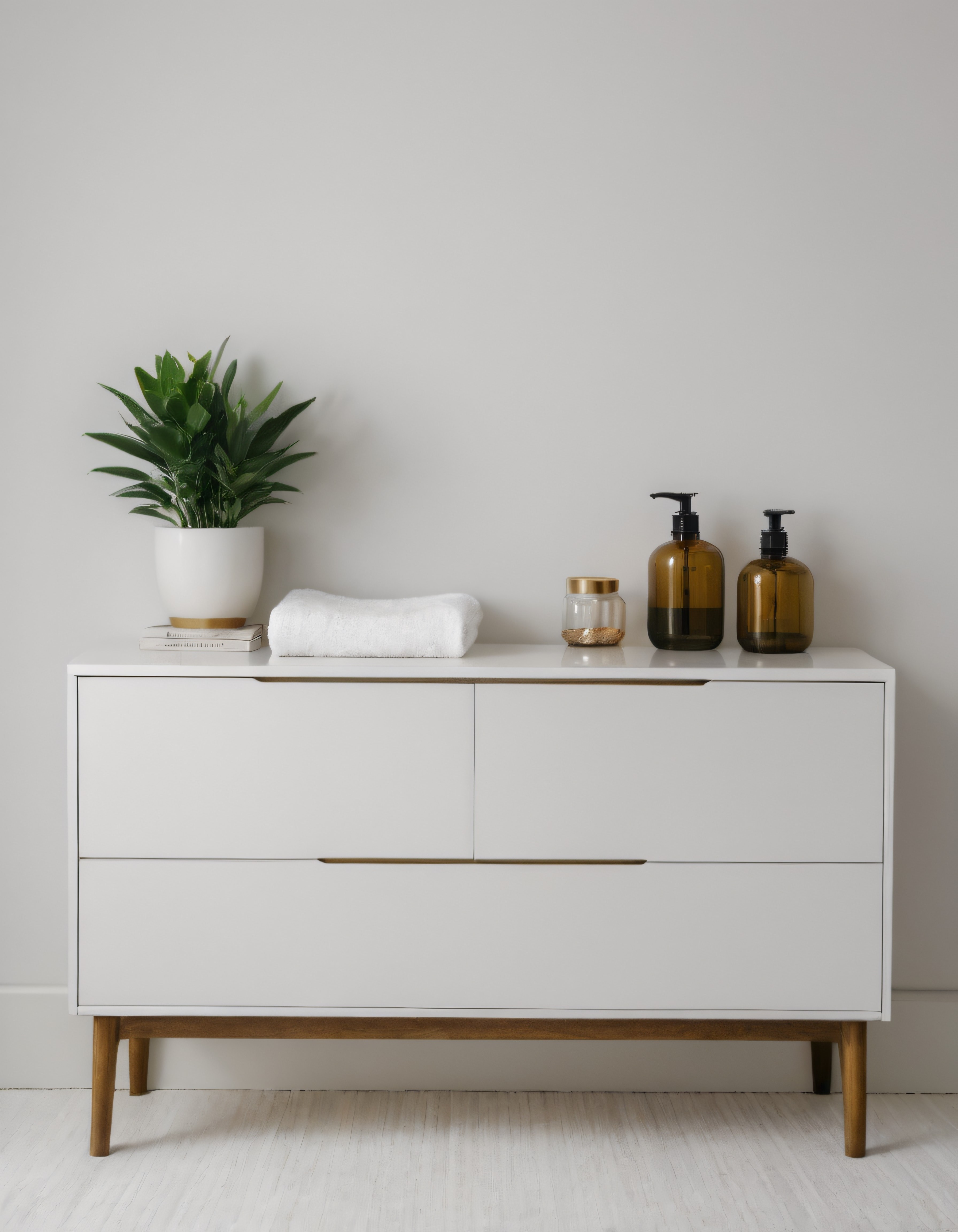 minimalist beyaz banyo dekorasyonu ahşap detaylı şifonyer ve aksesuarlar