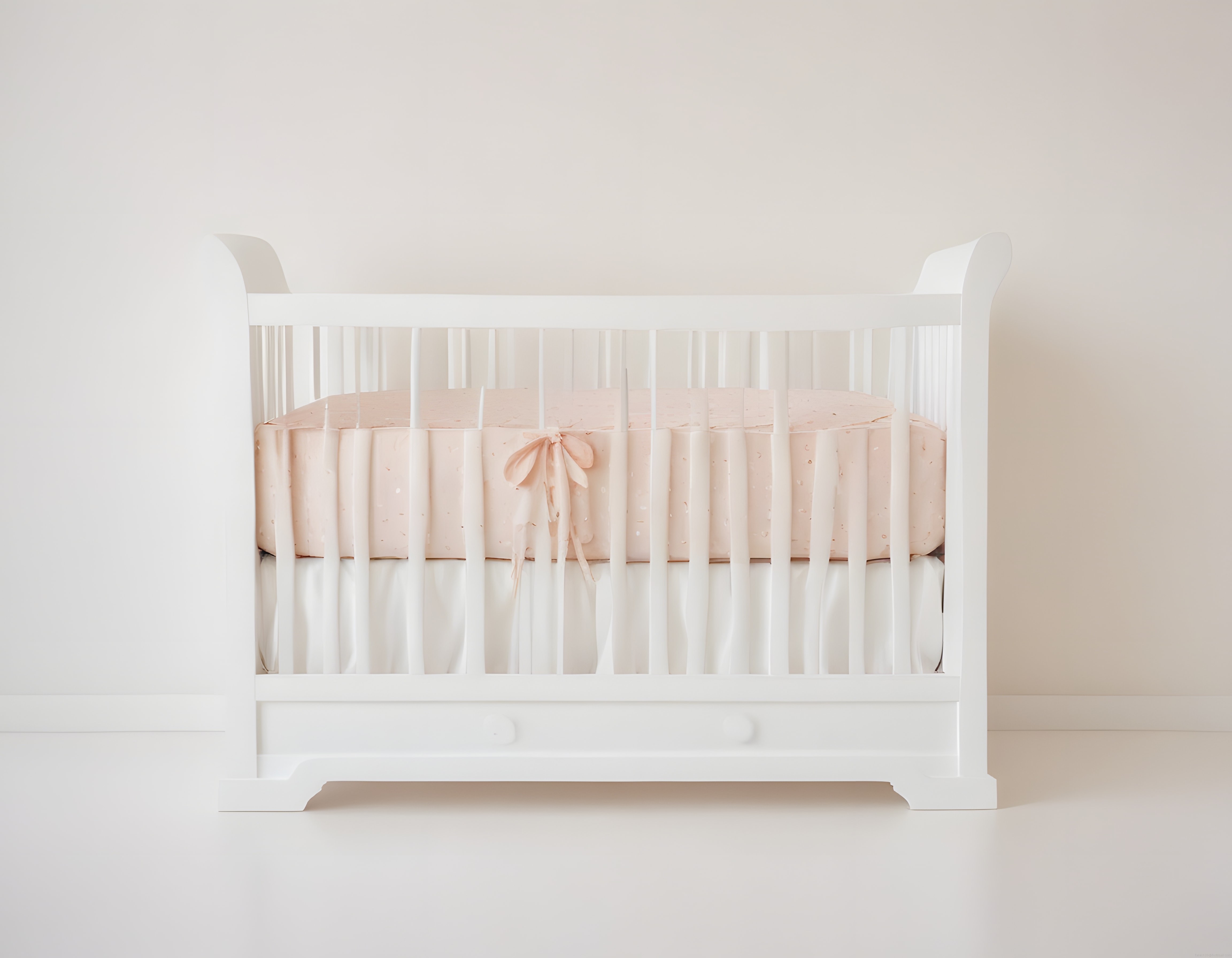 Minimalist Beyaz Beşik ve Pudra Rengi Fiyonk ile Sıcak Bebek Odası