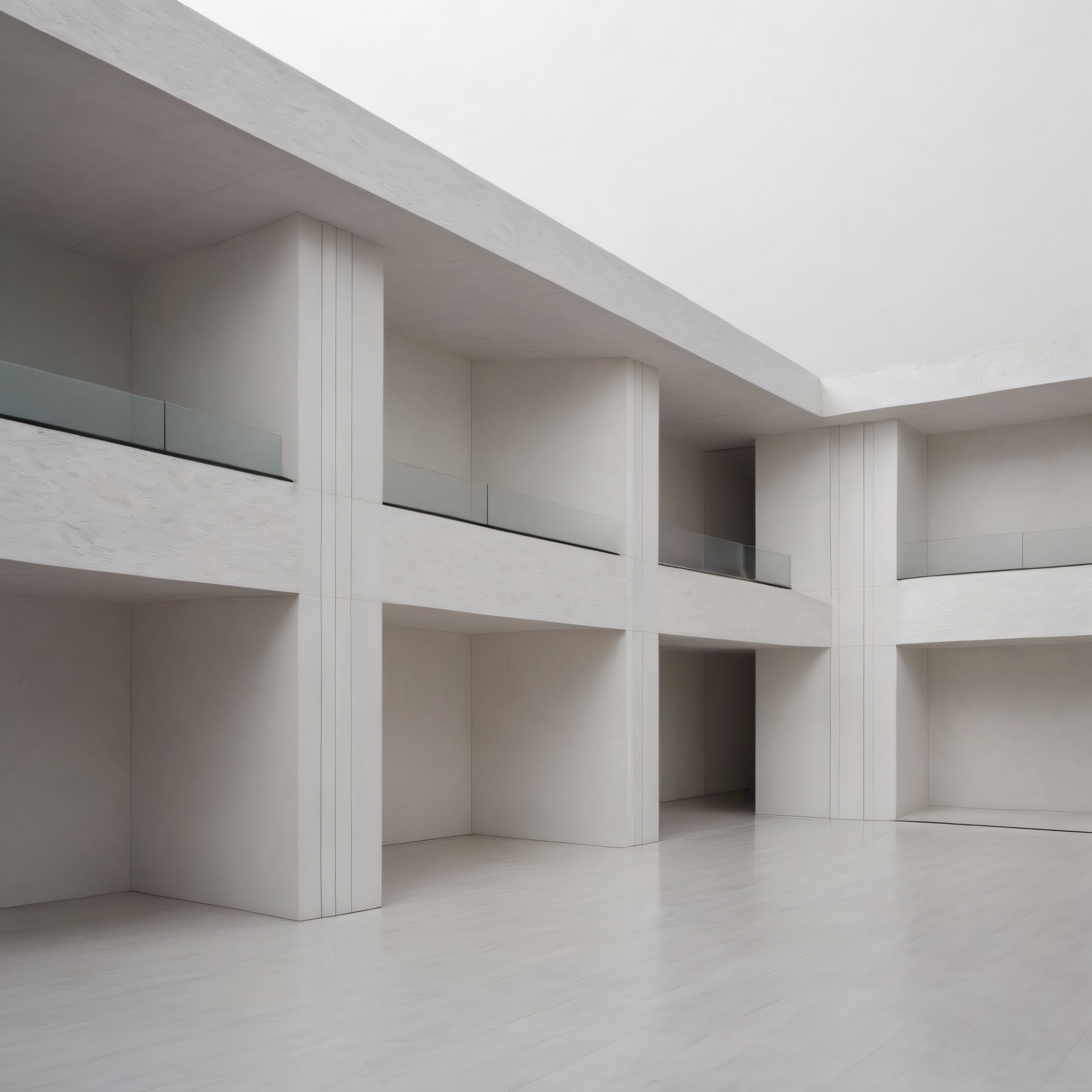Minimalist Beyaz Beton İç Mimari ve Modern Cam Korkuluk Detayları Minimalist Beyaz Beton İç Mimari ve Modern Cam Korkuluk Detayları