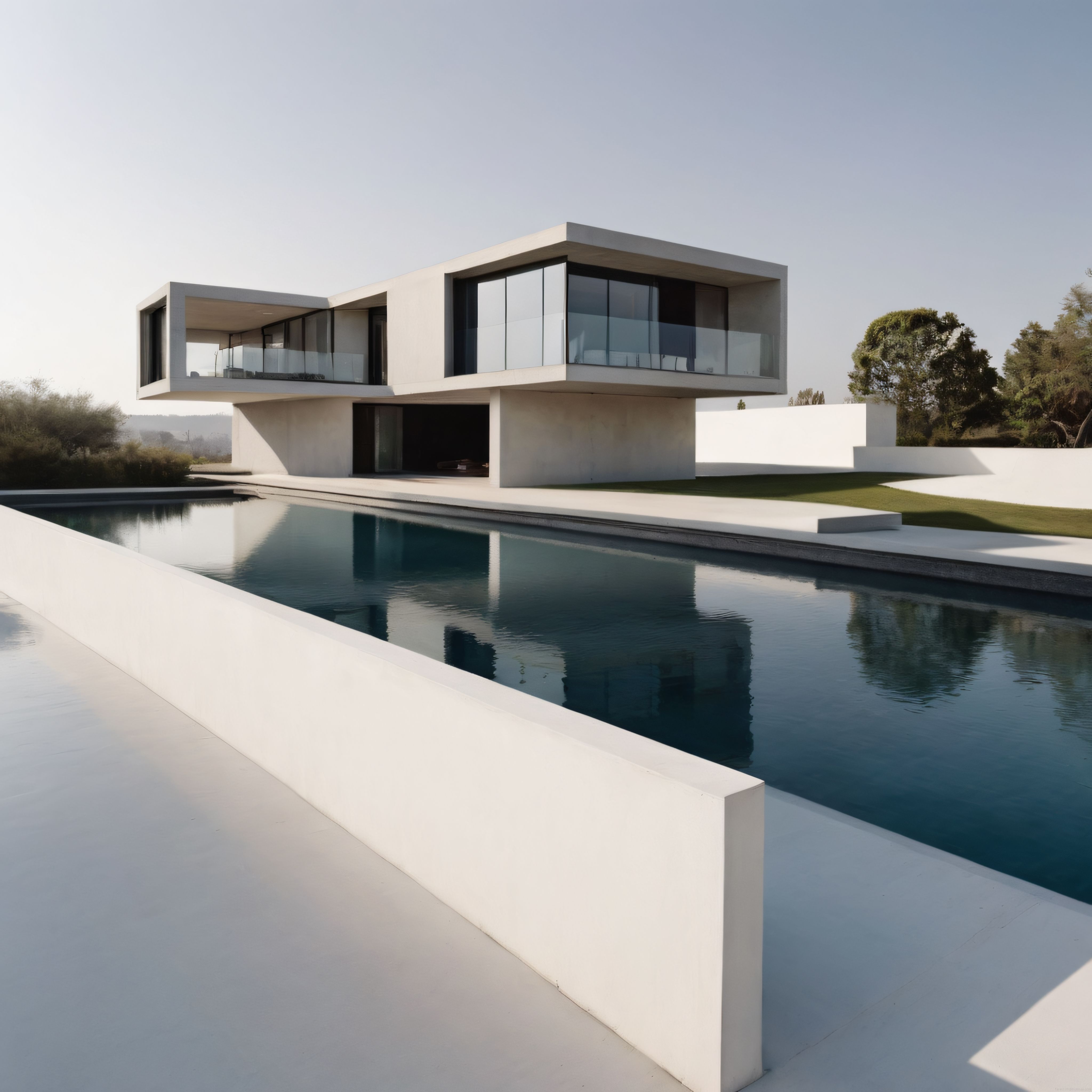 Minimalist beyaz beton villa, cam cephe ve yansıyan yüzme havuzu manzarası