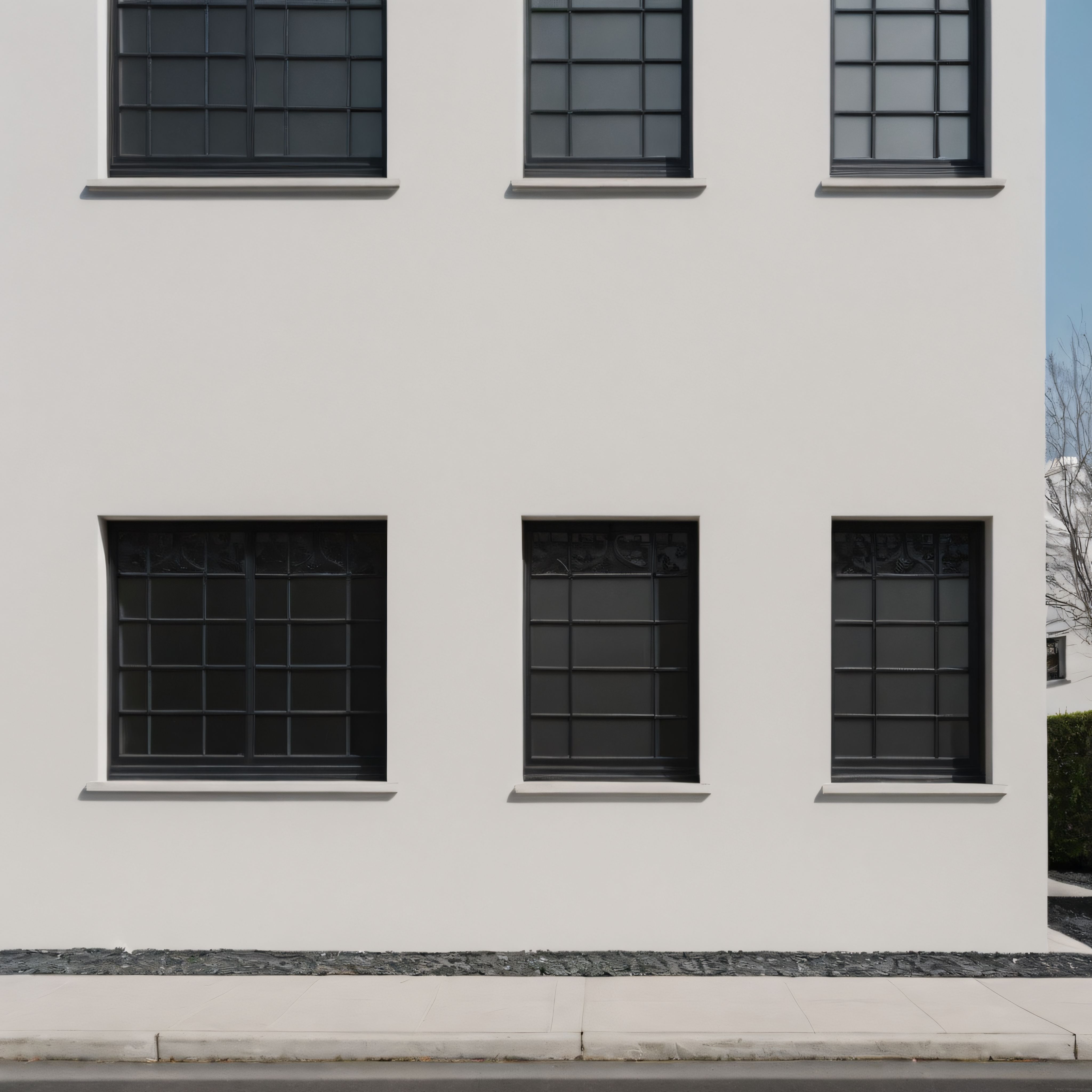 Minimalist Beyaz Bina Cephesi ve Siyah Çerçeveli Düzenli Pencereler