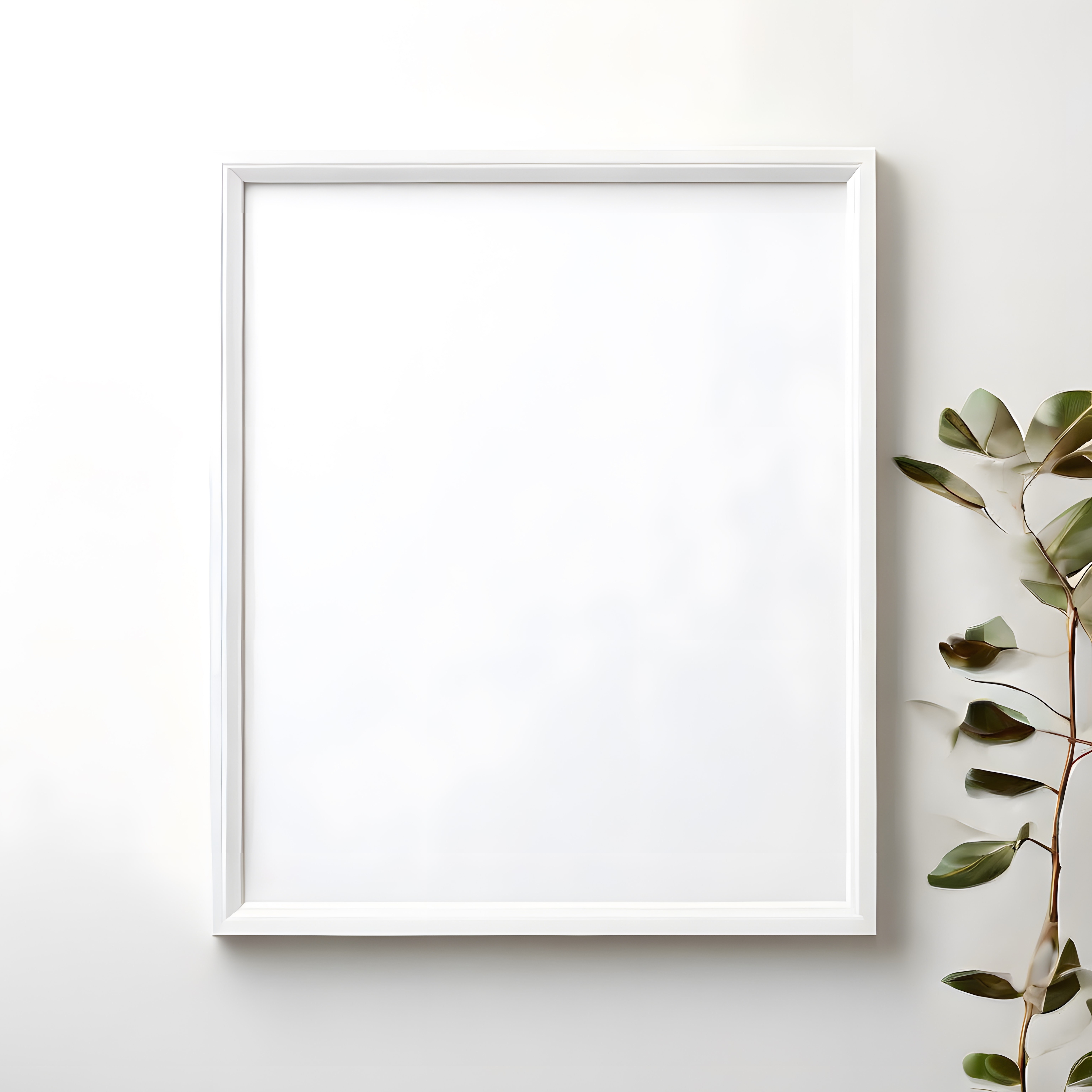 Minimalist Beyaz Boş Çerçeveli Duvar Dekorasyonu ve Yeşil Yaprak Detayı
