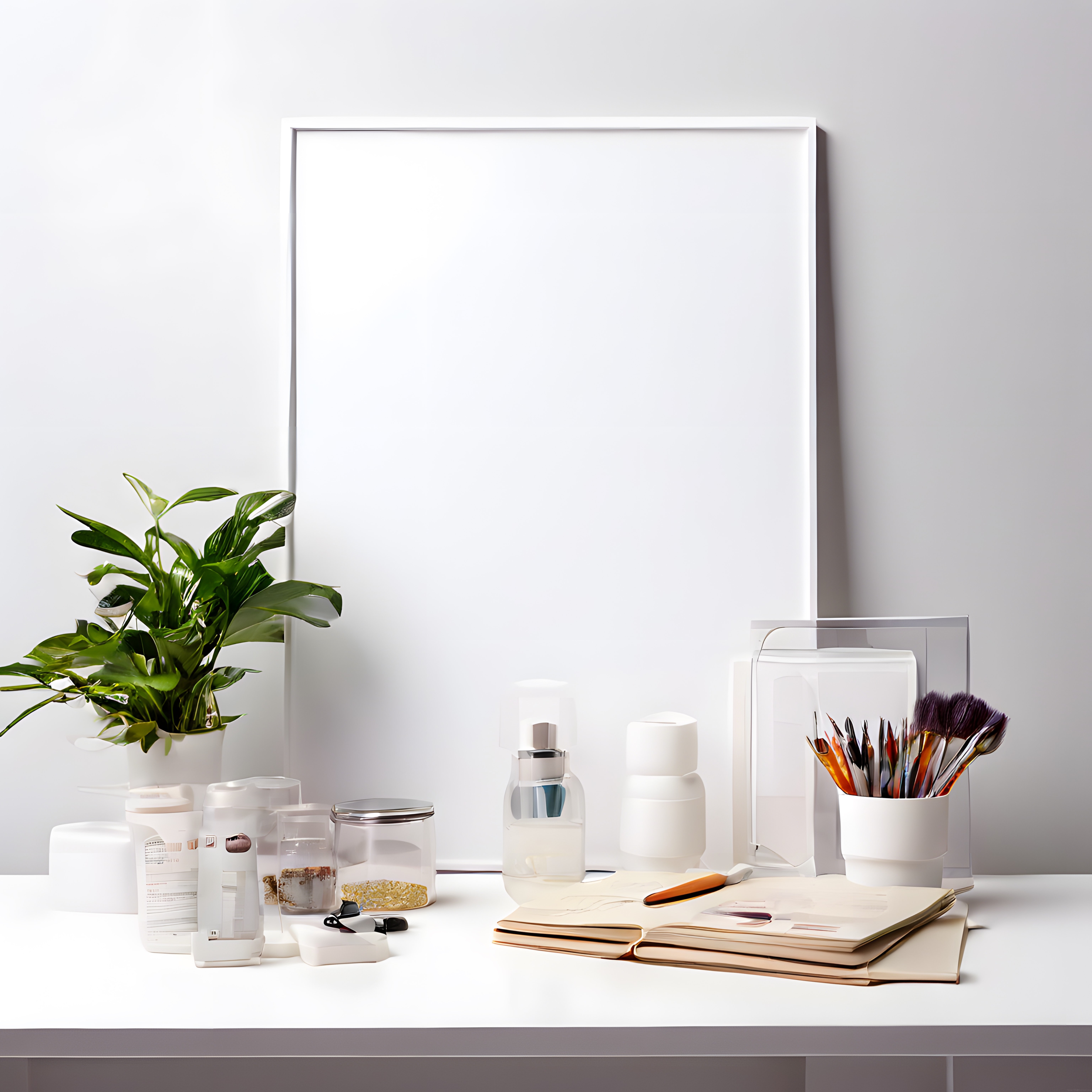 minimalist beyaz çalışma masası boş çerçeve bitki ve makyaj ürünleri