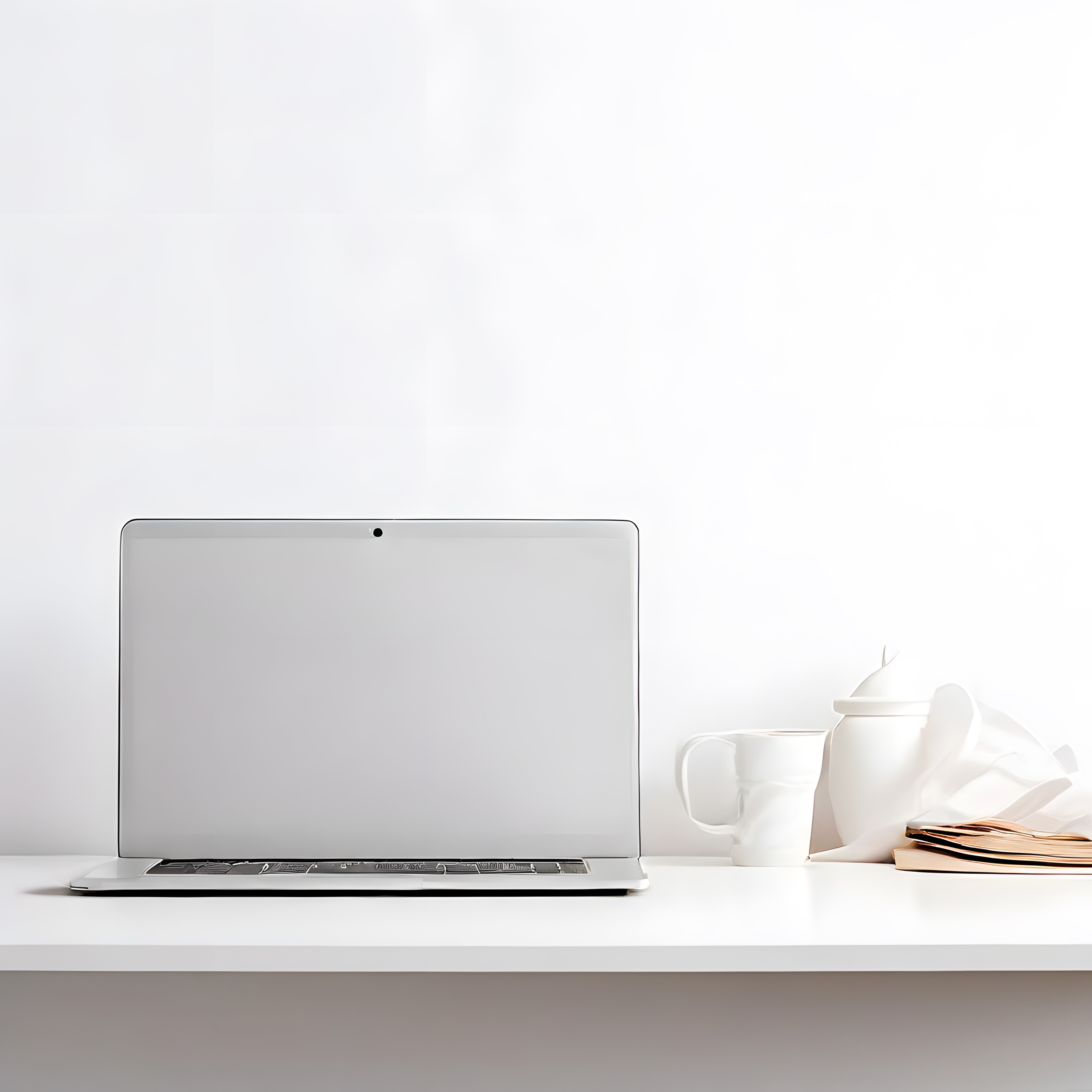 Minimalist Beyaz Çalışma Masası: Laptop ve Dekoratif Ofis Detayları