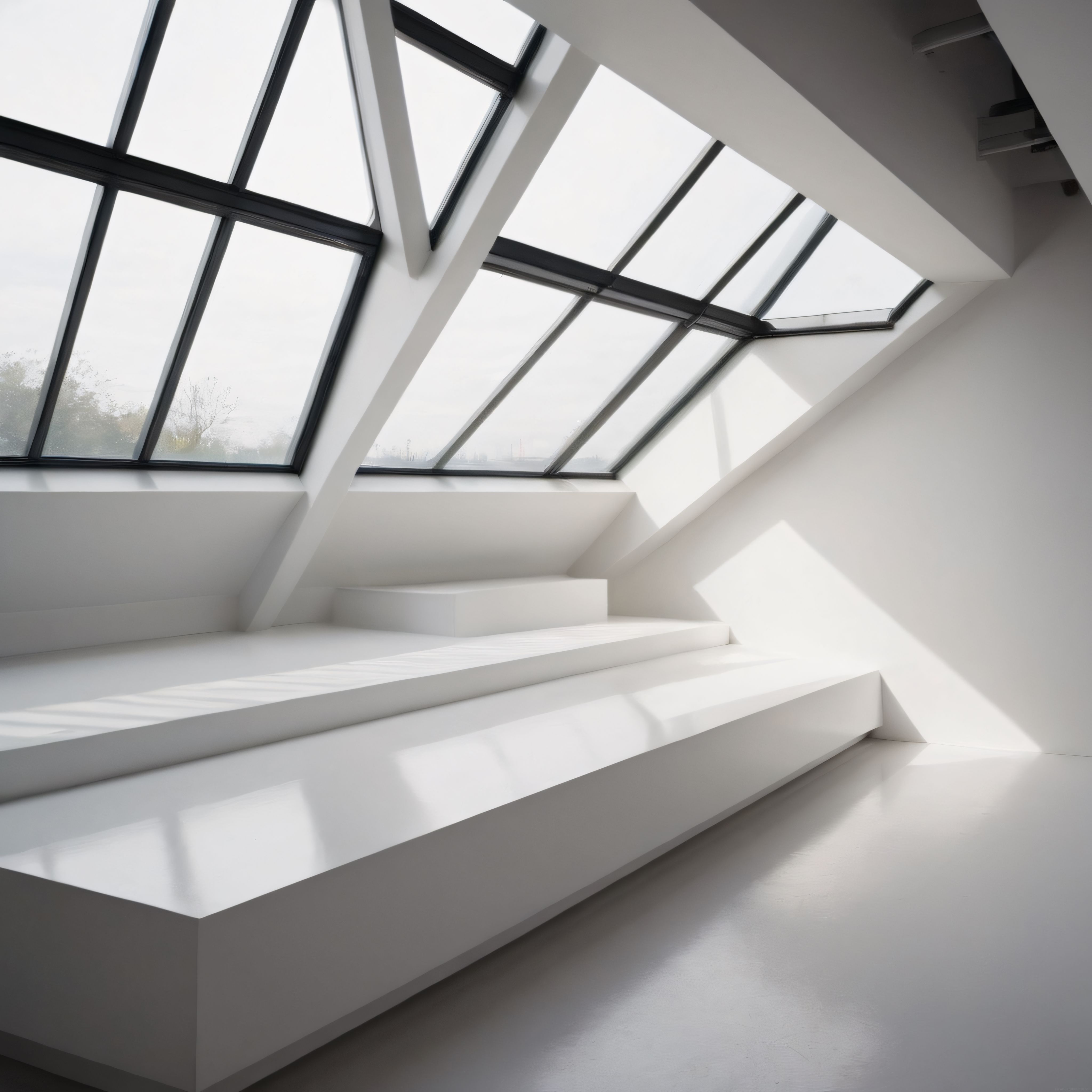 Minimalist Beyaz Çatı Katı İçi ve Doğal Işıklı Geometrik Merdivenler