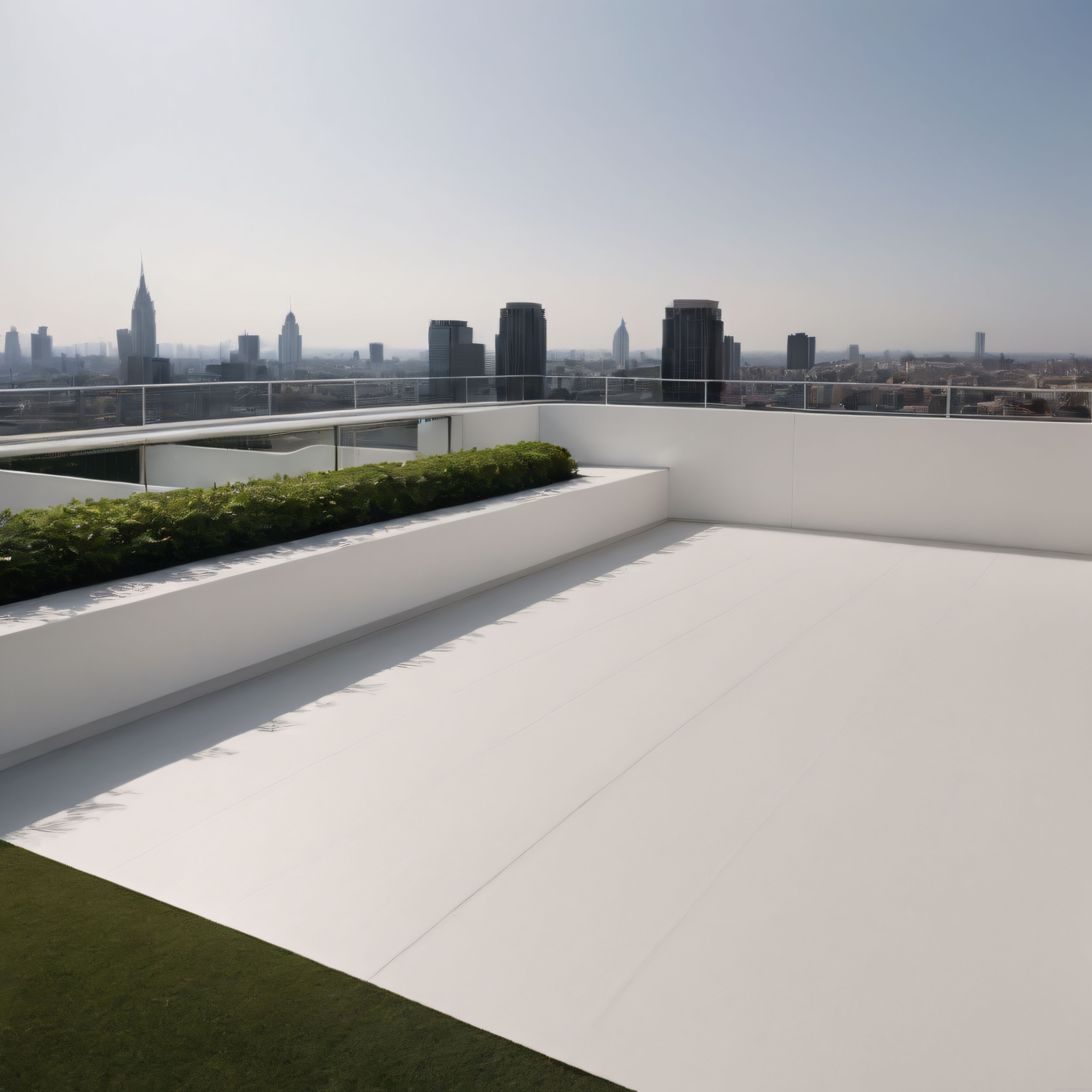 Minimalist Beyaz Çatı Terasında Yeşil Peyzaj ve Sisli Şehir Gökdelen Manzarası
