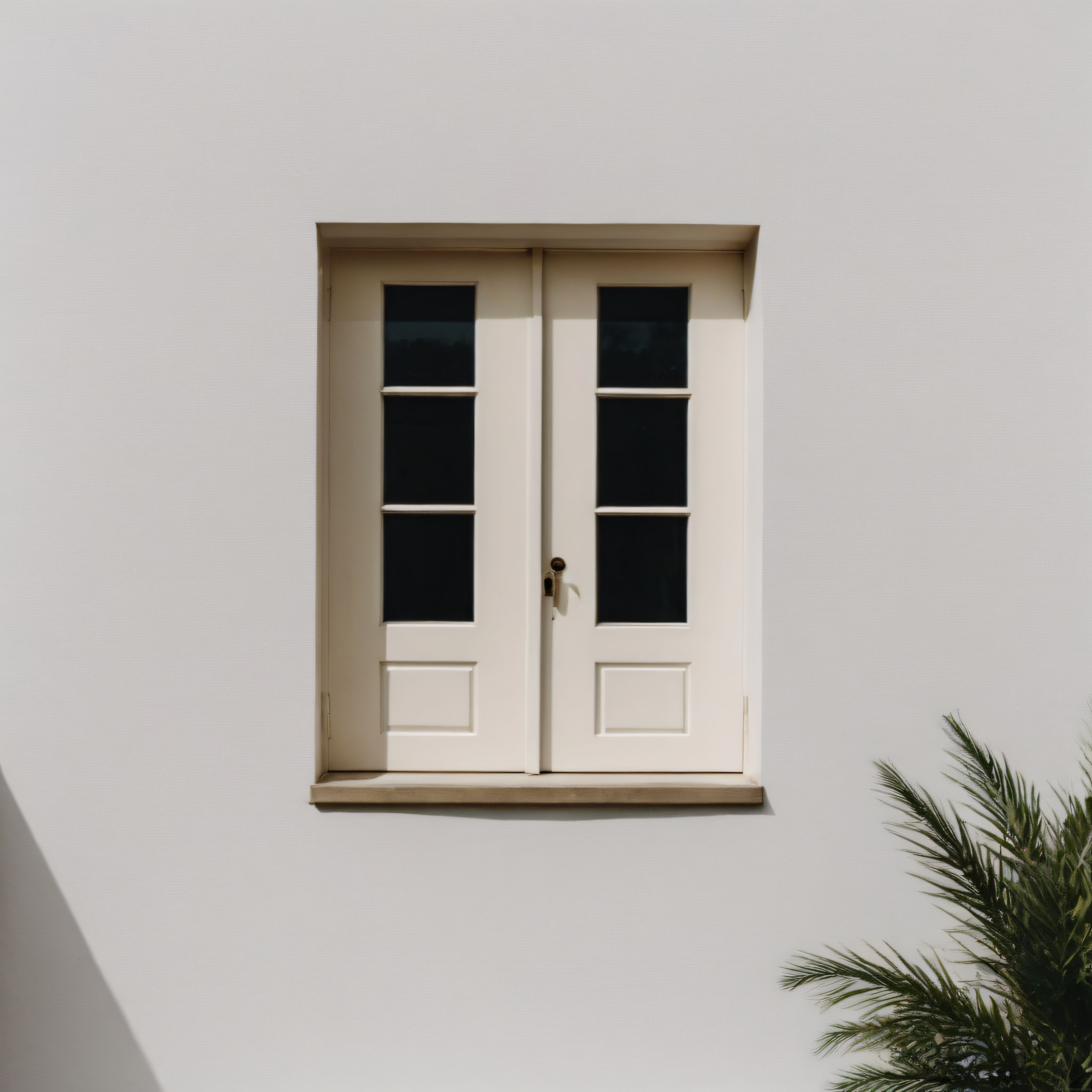 Minimalist beyaz cephede krem rengi camlı çift kanatlı kapı ve palmiye yaprağı