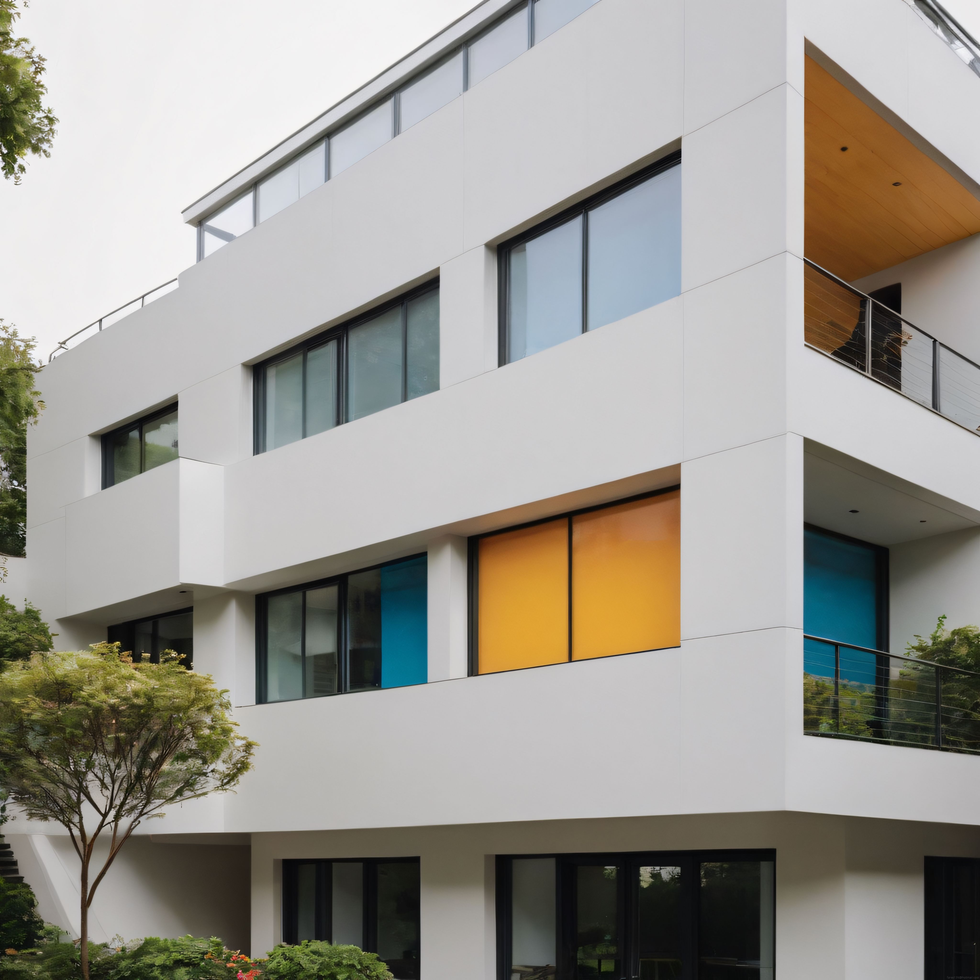 Minimalist beyaz cepheye sahip modern konut ve canlı renkli cam detayları