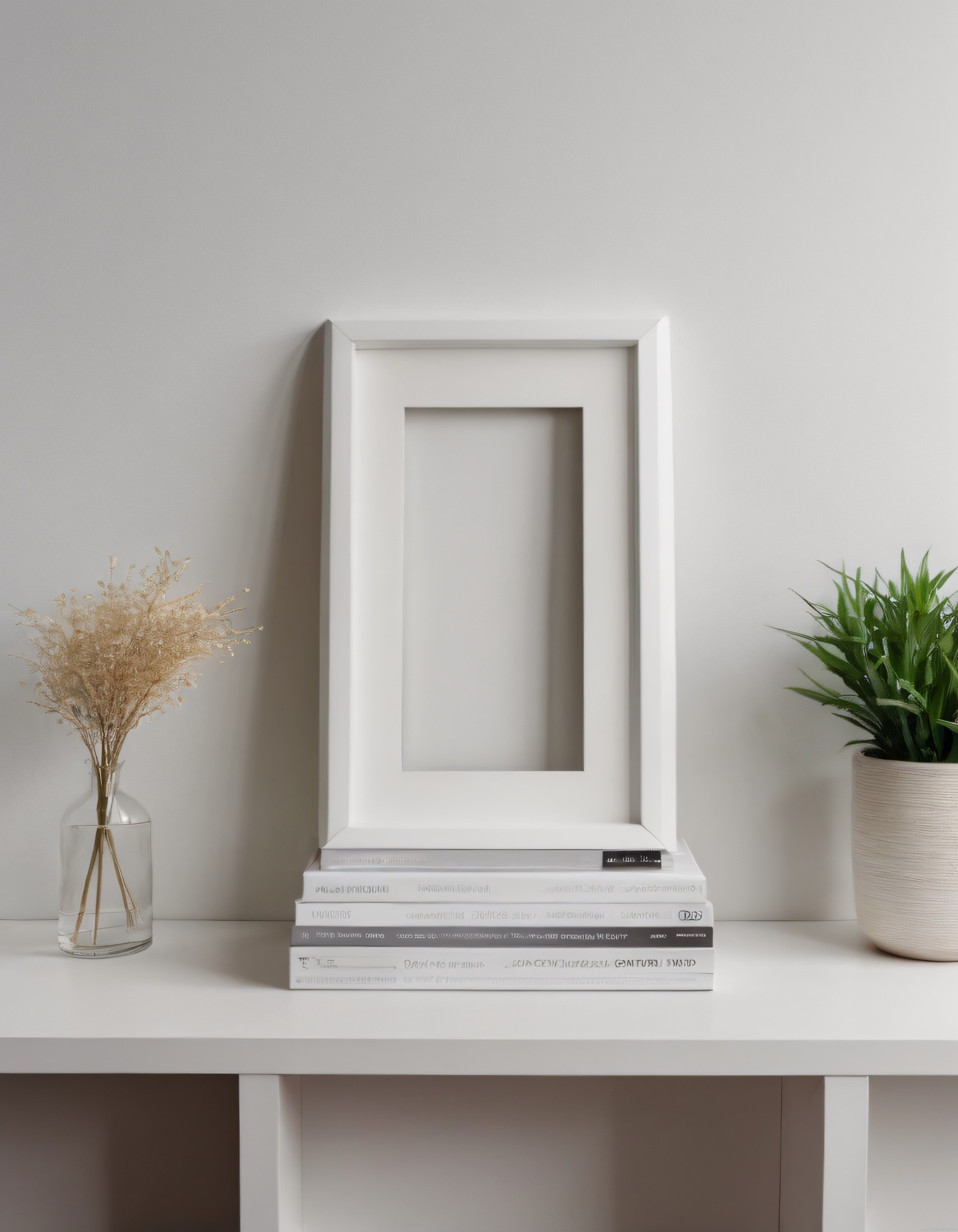 Minimalist Beyaz Çerçeve ve Kitaplarla Sade Şık Ev Dekorasyonu Fikri