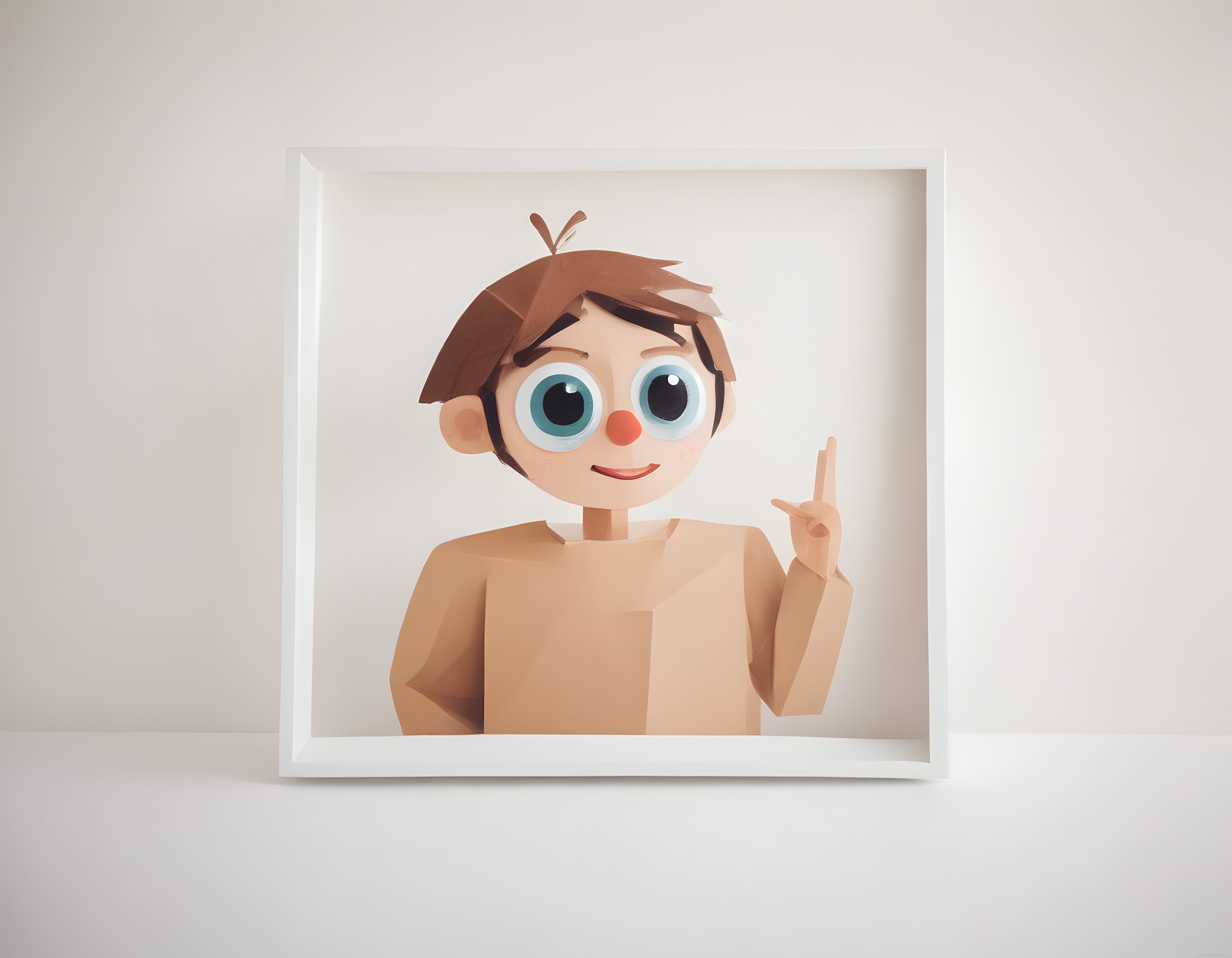 Minimalist Beyaz Çerçevede Sevimli Kağıt Sanatı Çocuk Portresi ve El Hareketi