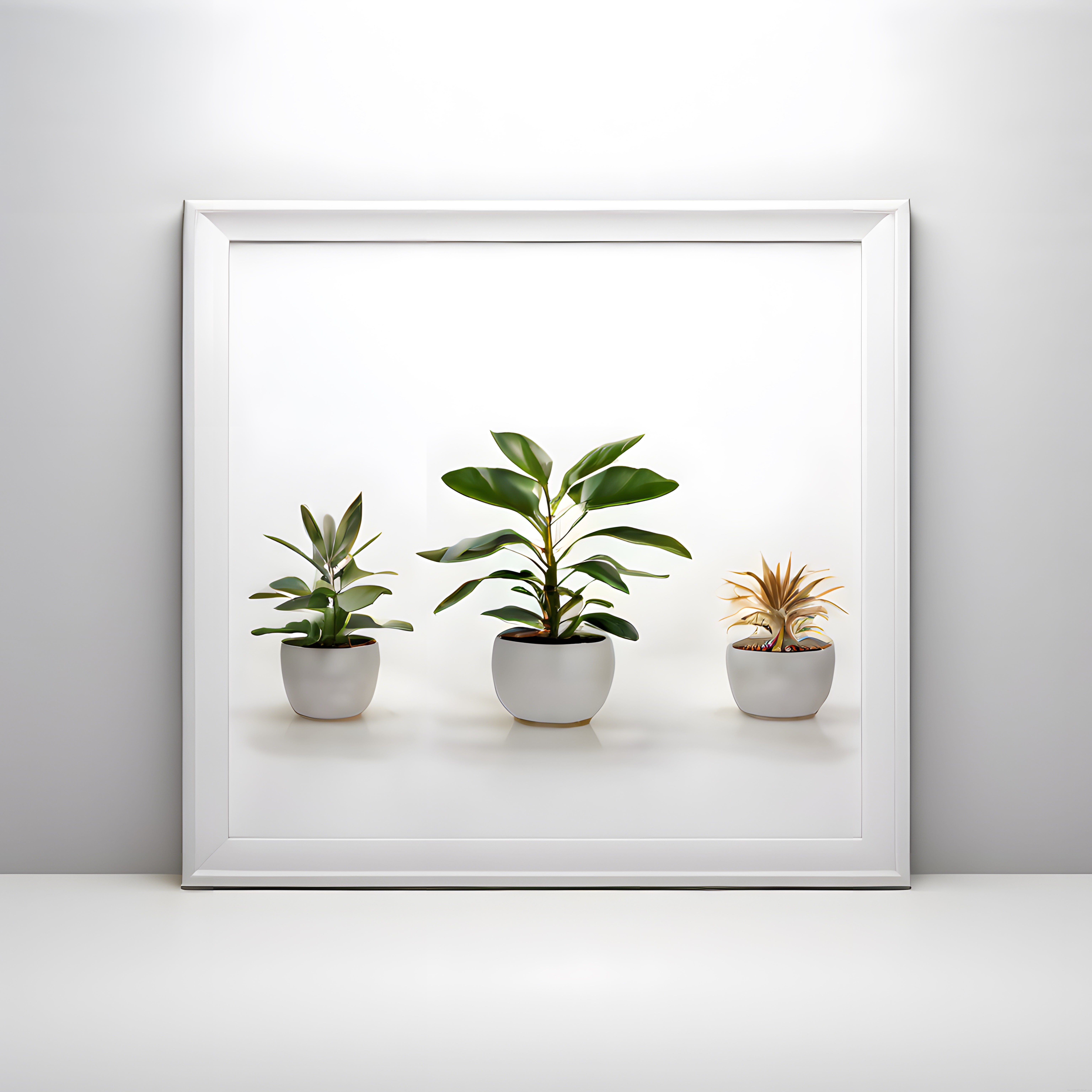 Minimalist beyaz çerçevede üç saksı bitkisiyle modern duvar dekoru