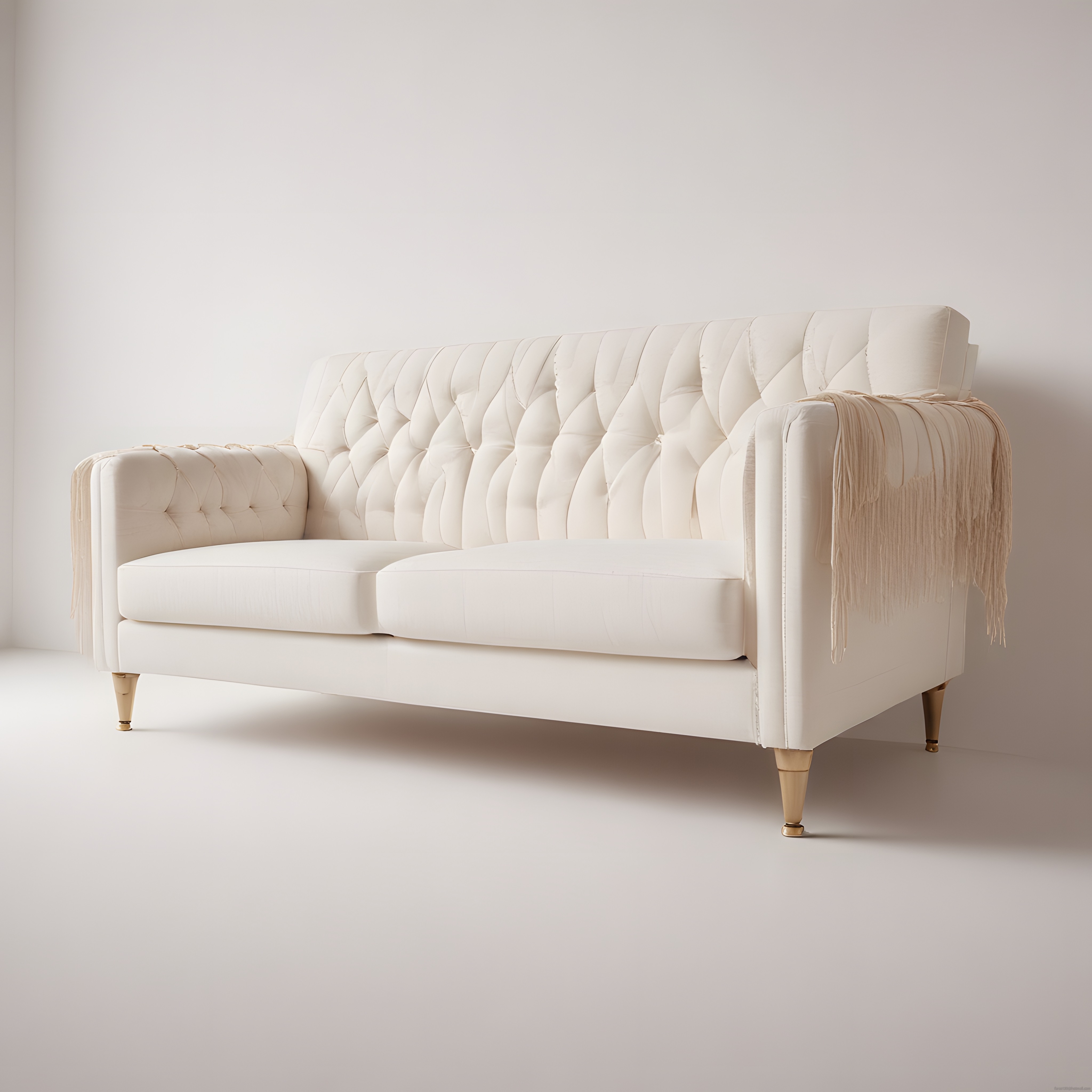 Minimalist Beyaz Chesterfield Koltuk ve Altın Ayaklı Zarif Kanepe Tasarımı