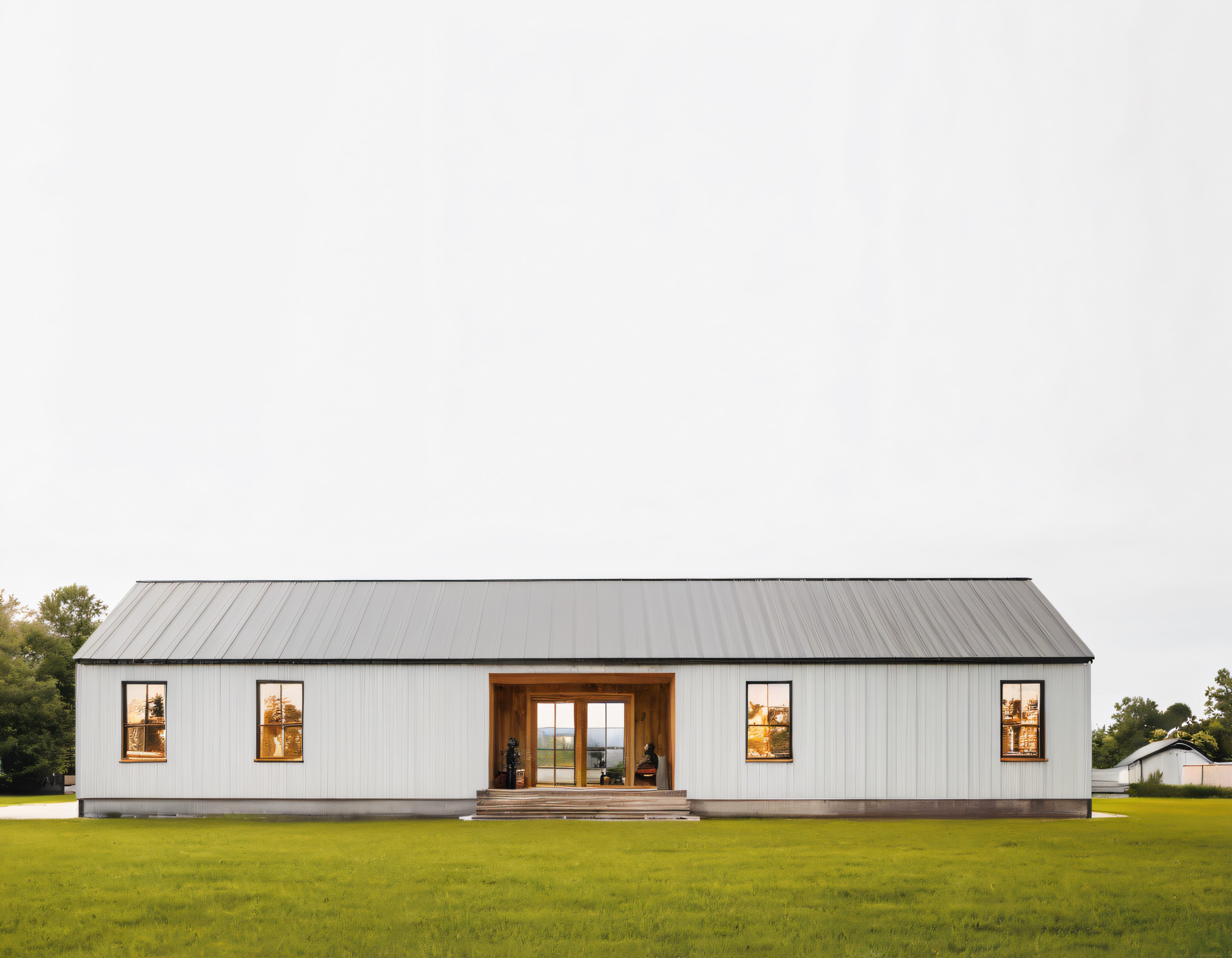 Minimalist beyaz çiftlik evi, geniş yeşil arazide tek katlı modern yapı örneği