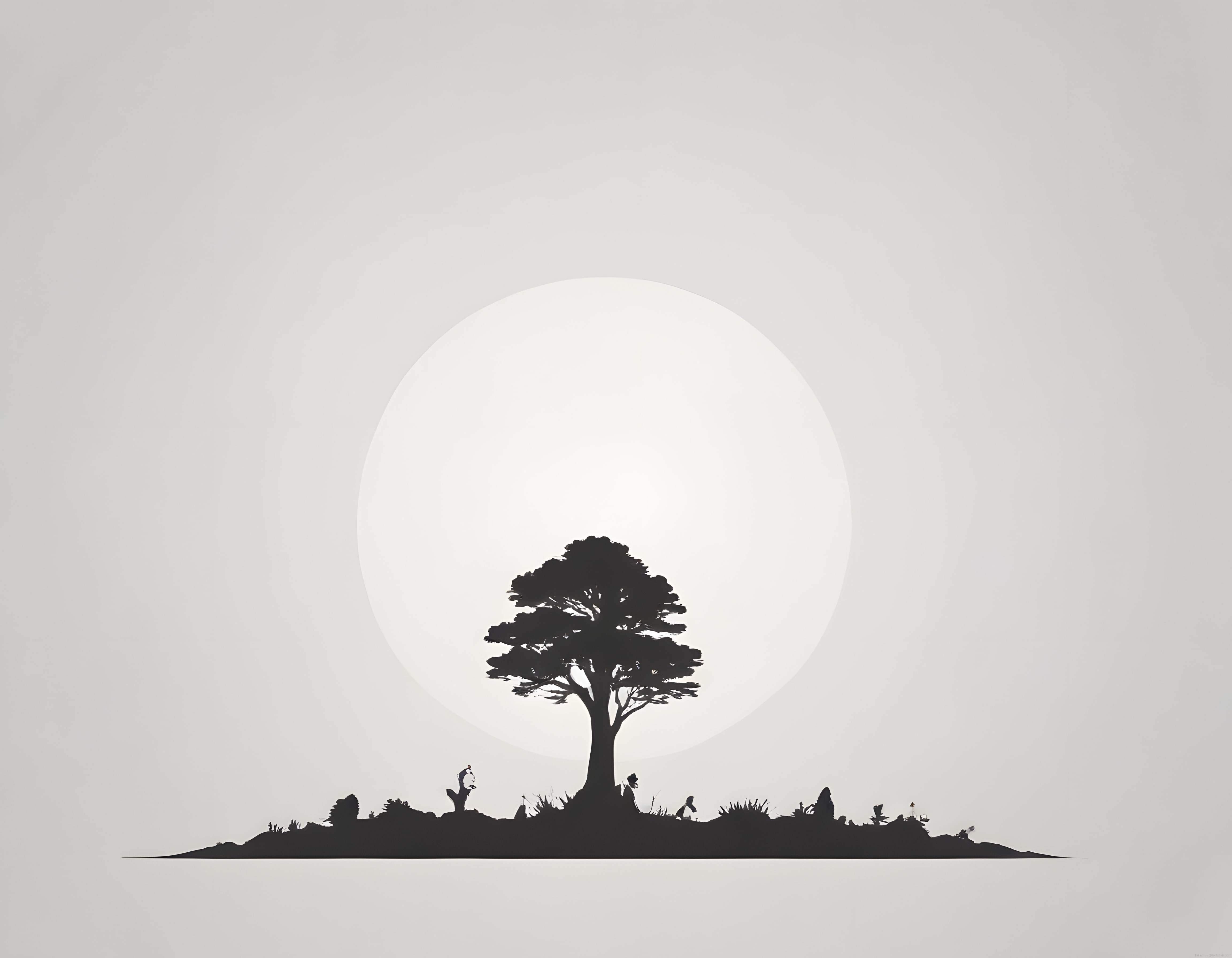 Minimalist Beyaz Daire ve Yalnız Ağaç Siluetinin Sakin Doğa Manzarası