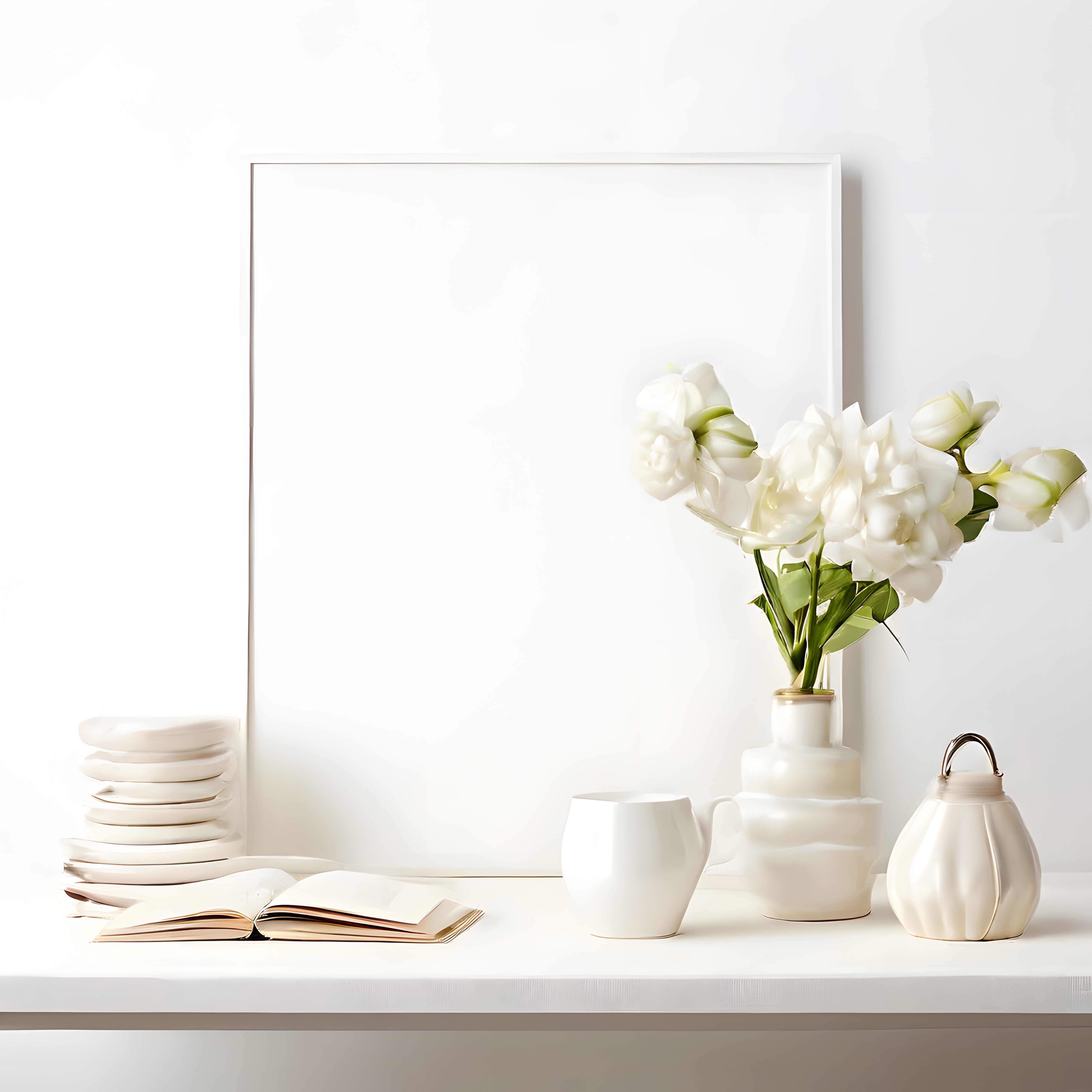 Minimalist Beyaz Dekorasyon: Çerçeve, Çiçek ve Kitap ile Sade Şıklık