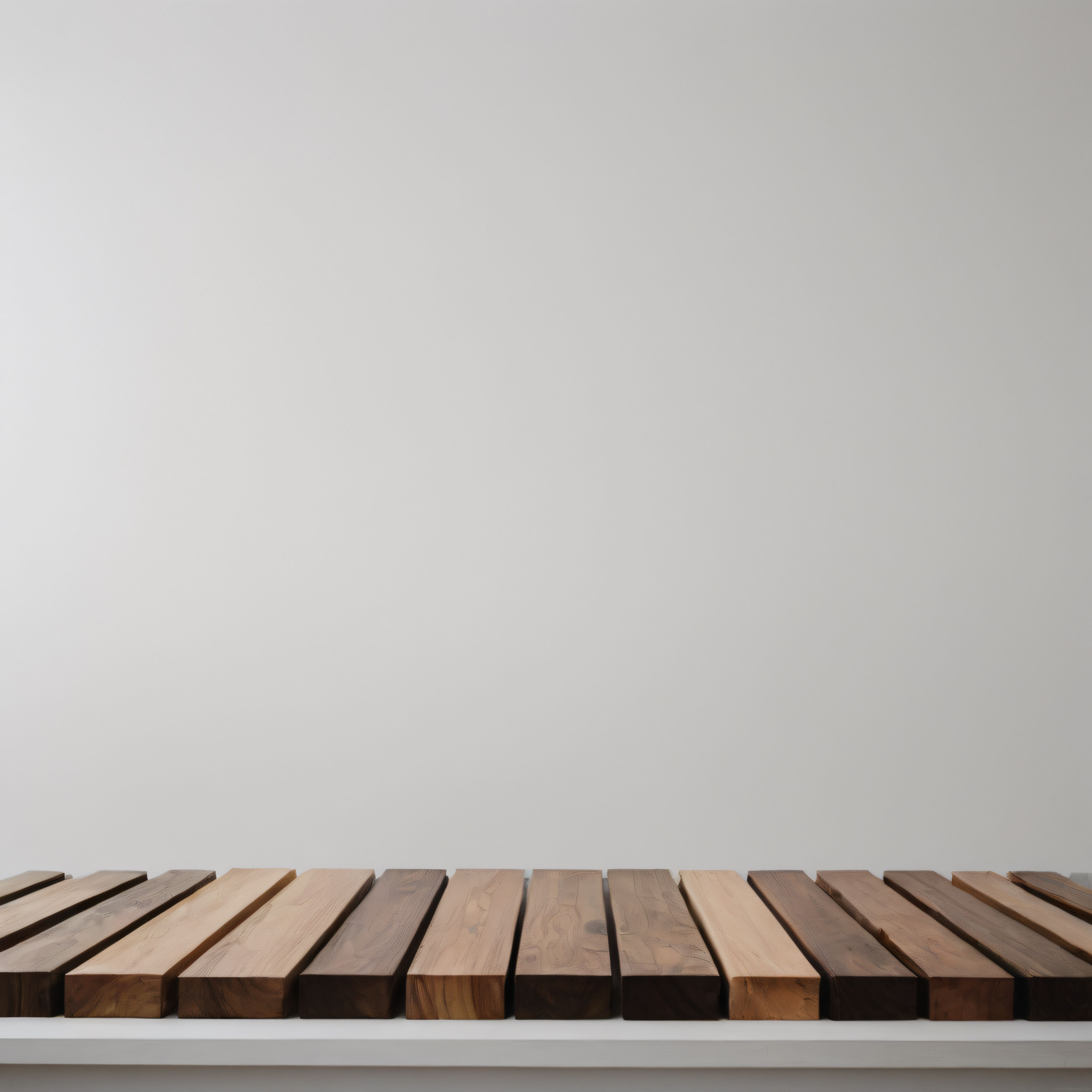 Minimalist Beyaz Duvar Önünde Doğal Ahşap Tahta Yüzey ve Boş İç Mekan Arka Planı