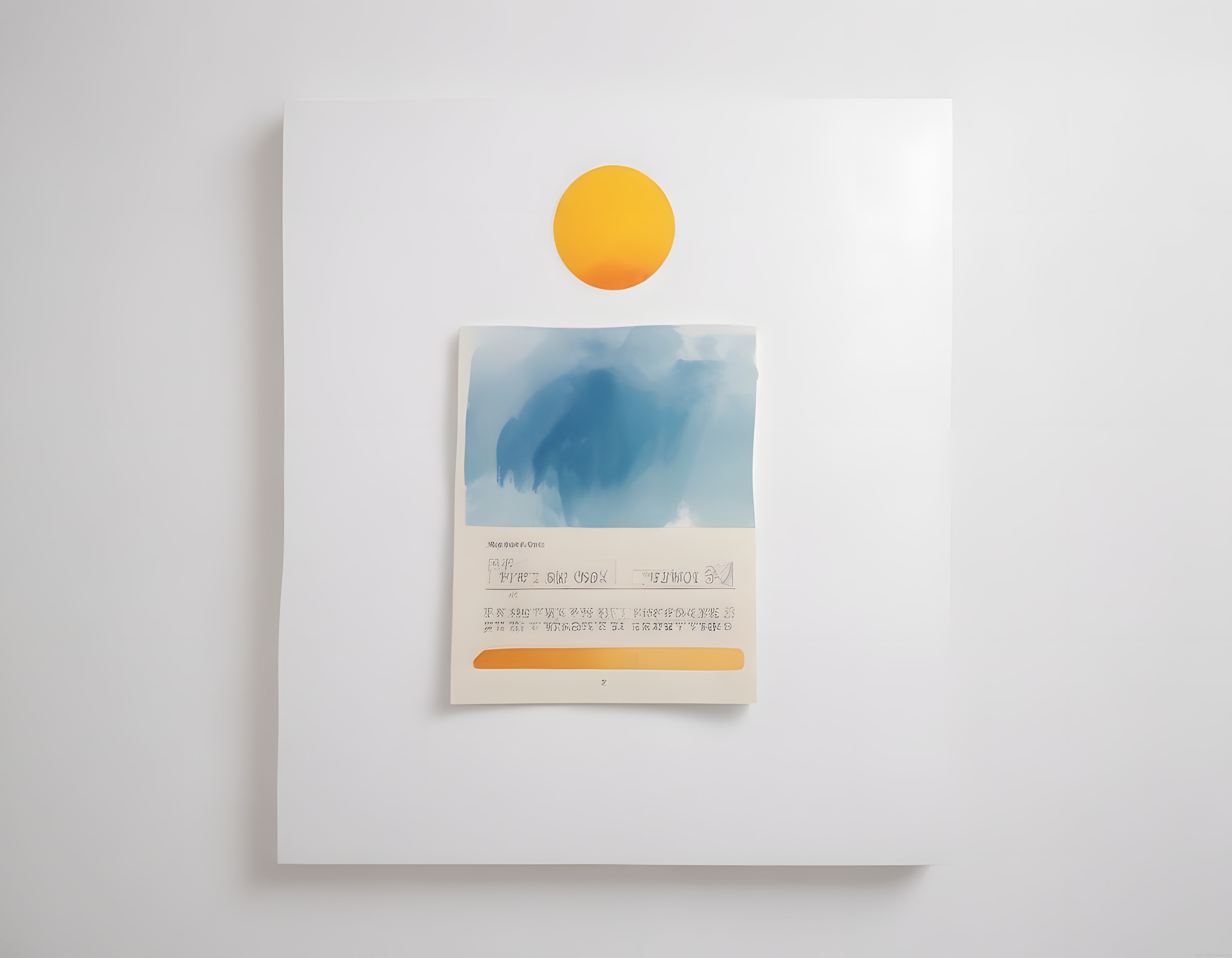 minimalist beyaz duvarda soyut mavi suluboya ve güneş figürü sanat fotoğrafı