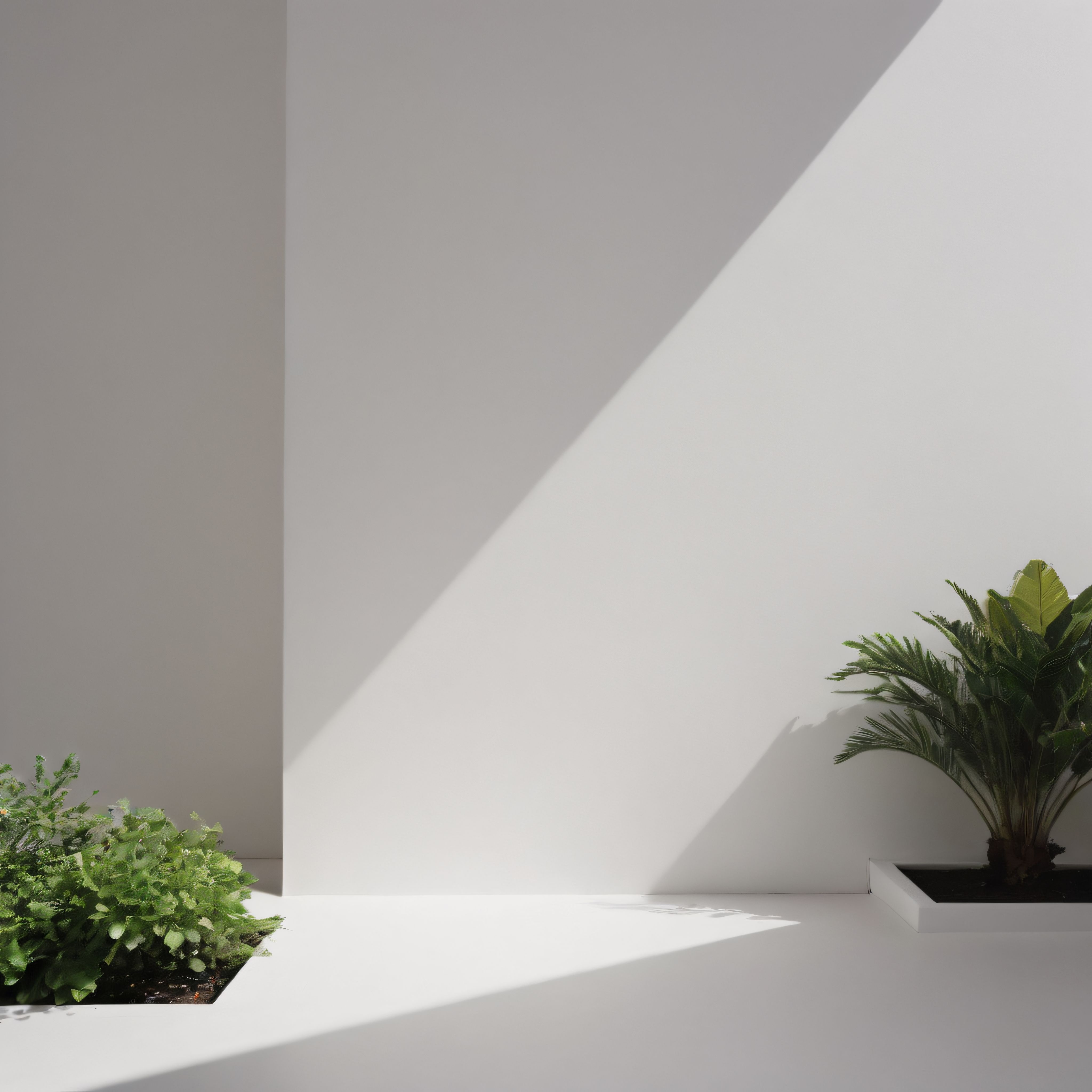 Minimalist beyaz duvarlarda keskin gölge oyunları ve yeşil bitkiler