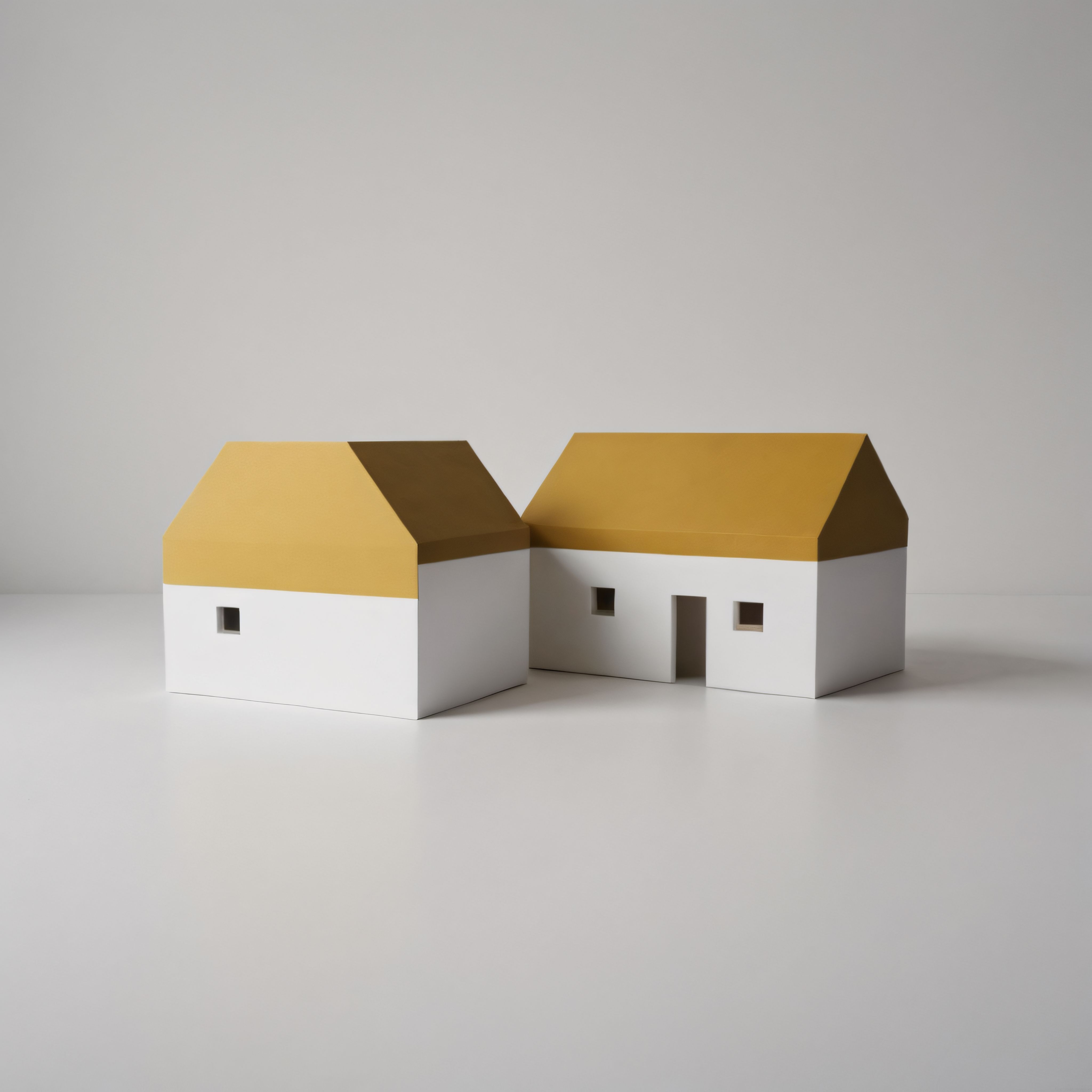 Minimalist Beyaz Duvarlı Ve Altın Sarısı Çatılı İki Ev Maketi