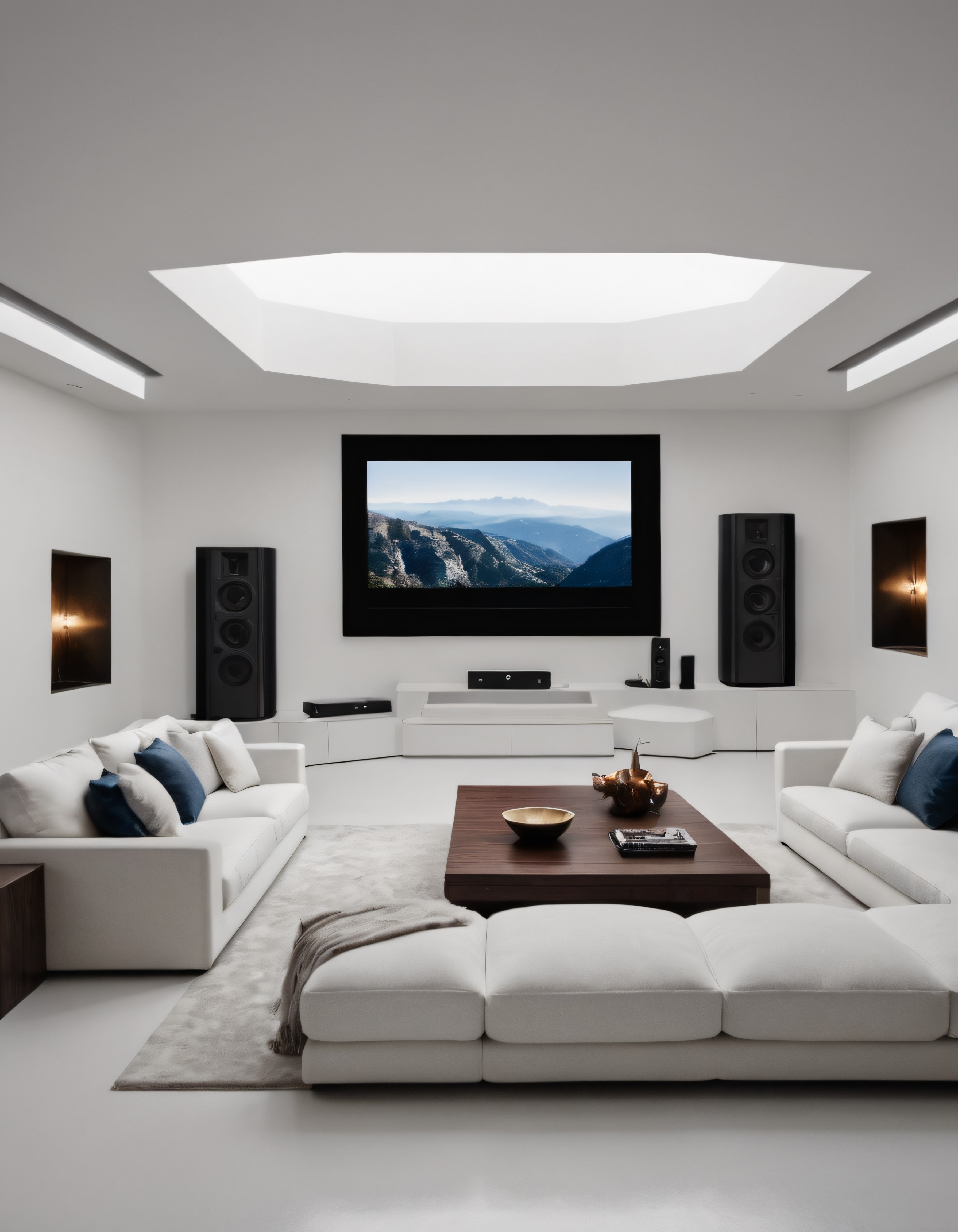 Minimalist Beyaz Ev Sinema Salonu ve Şık Oturma Odası Tasarımı