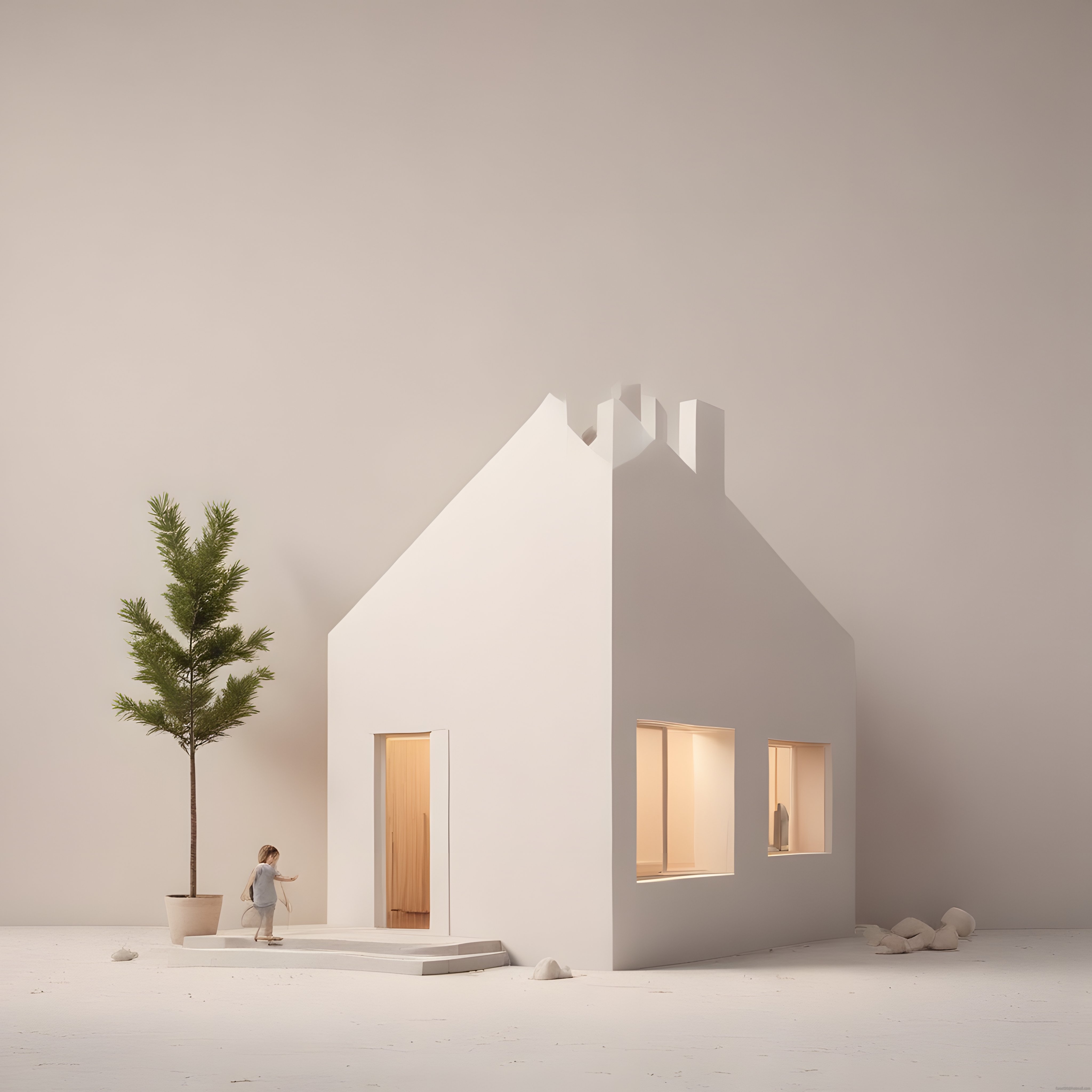 Minimalist Beyaz Ev ve Sıcak Işıklar: Huzurlu Dijital Mimari Render