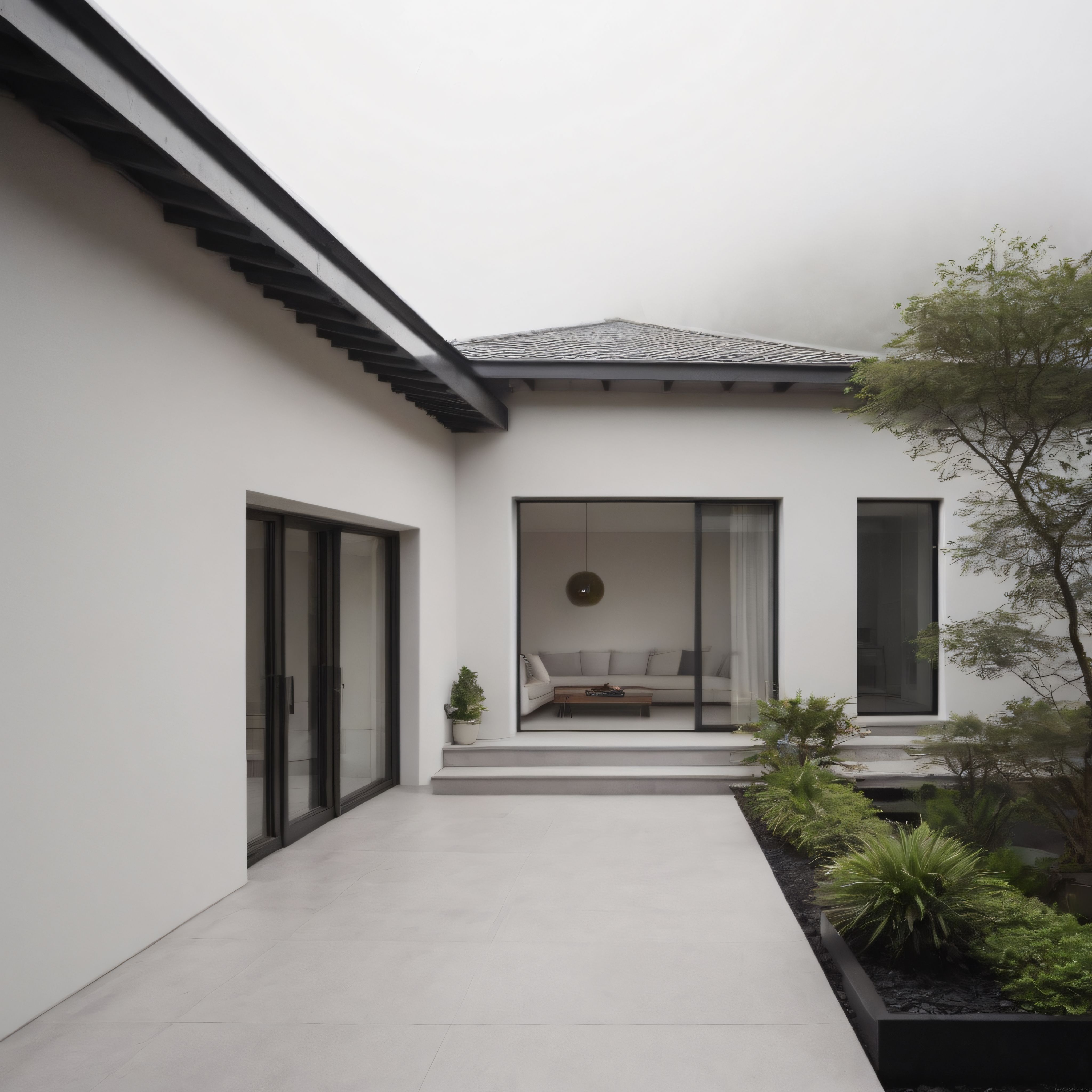 Minimalist Beyaz Evin İç Avlusunda Zen Bahçesi ve Modern Peyzaj Tasarımı