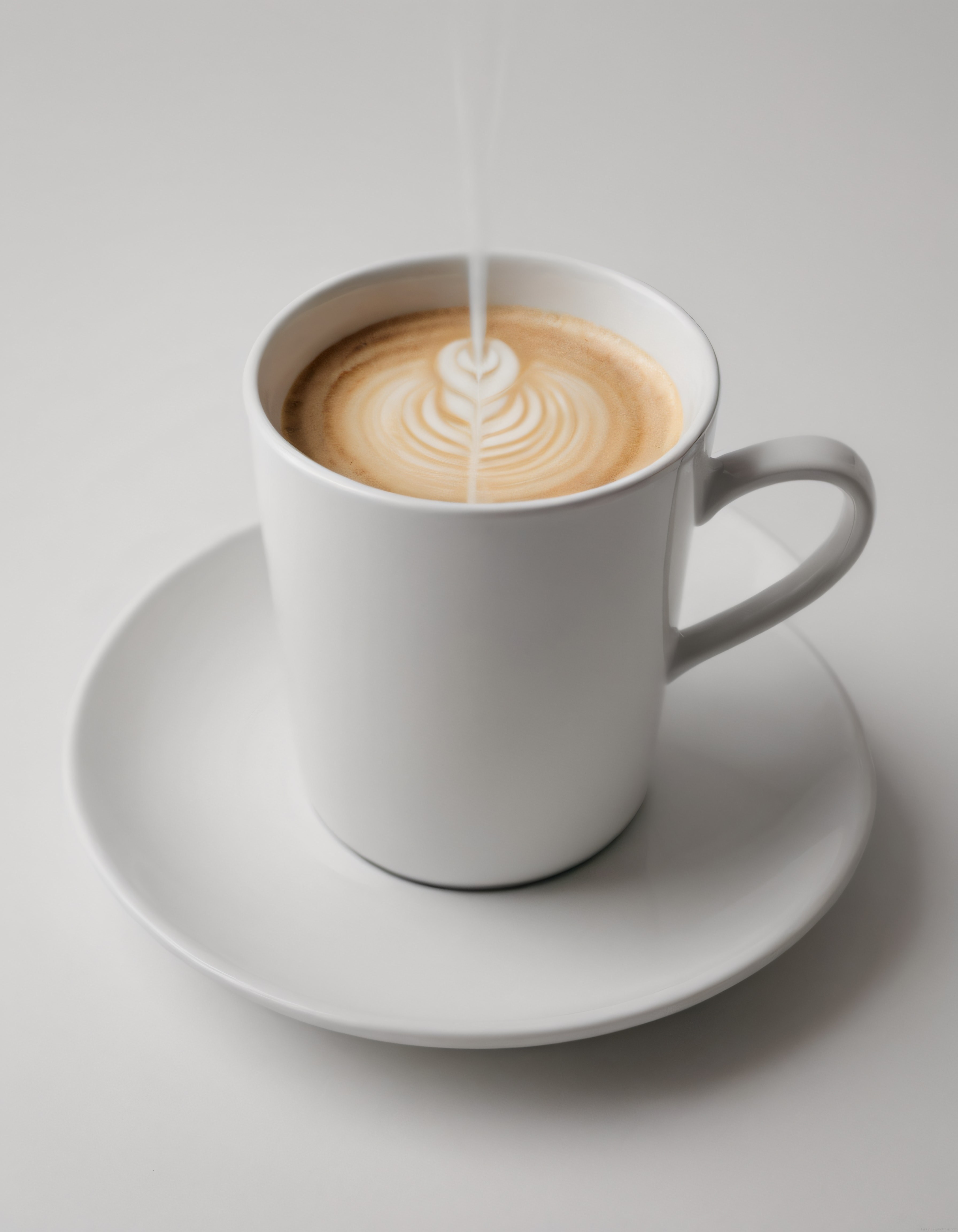 Minimalist Beyaz Fincanda Latte Art ile Süslenmiş Sıcak Kahve Sunumu