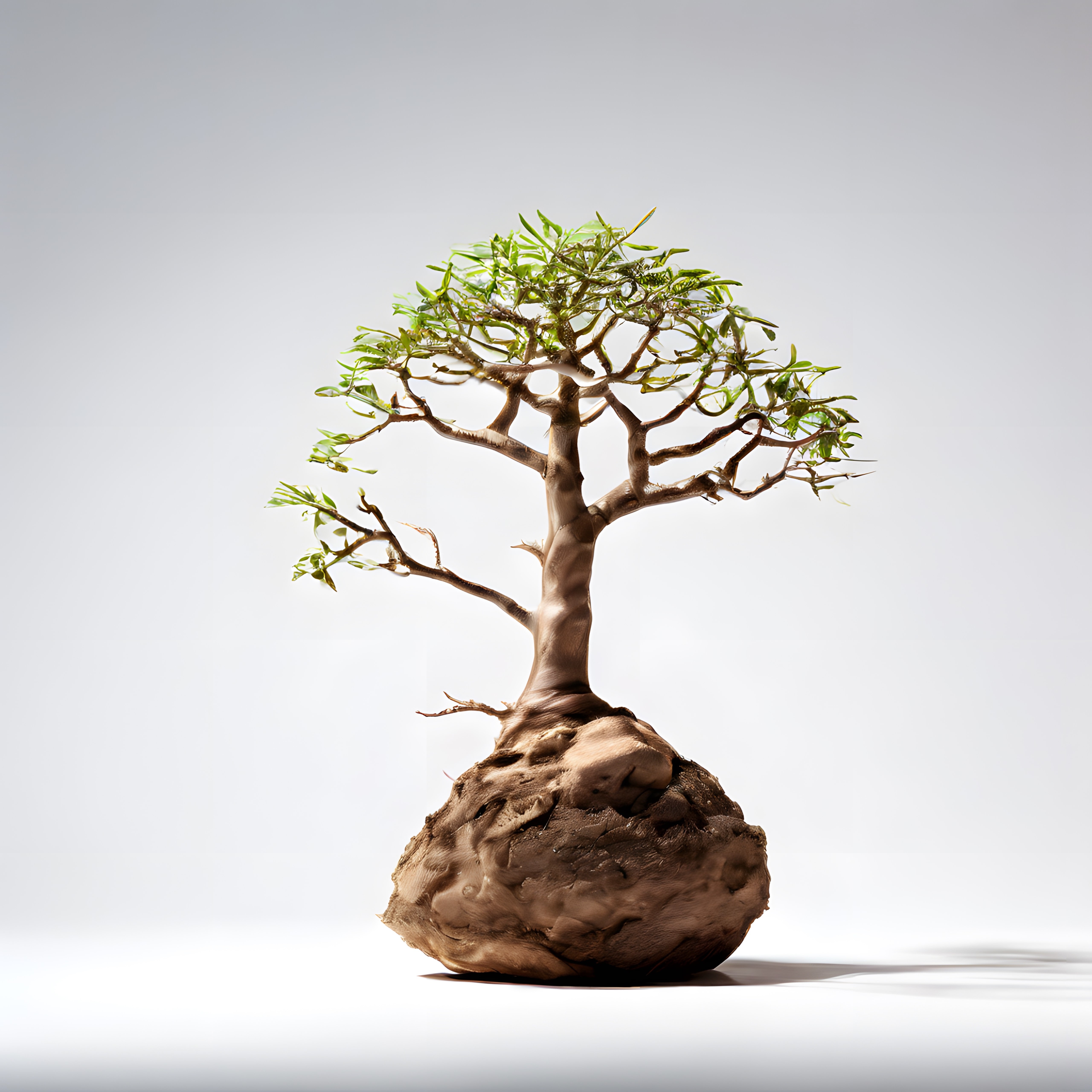 Minimalist Beyaz Fonda Bonsai Ağacı ve Sanatsal Kök Detayları