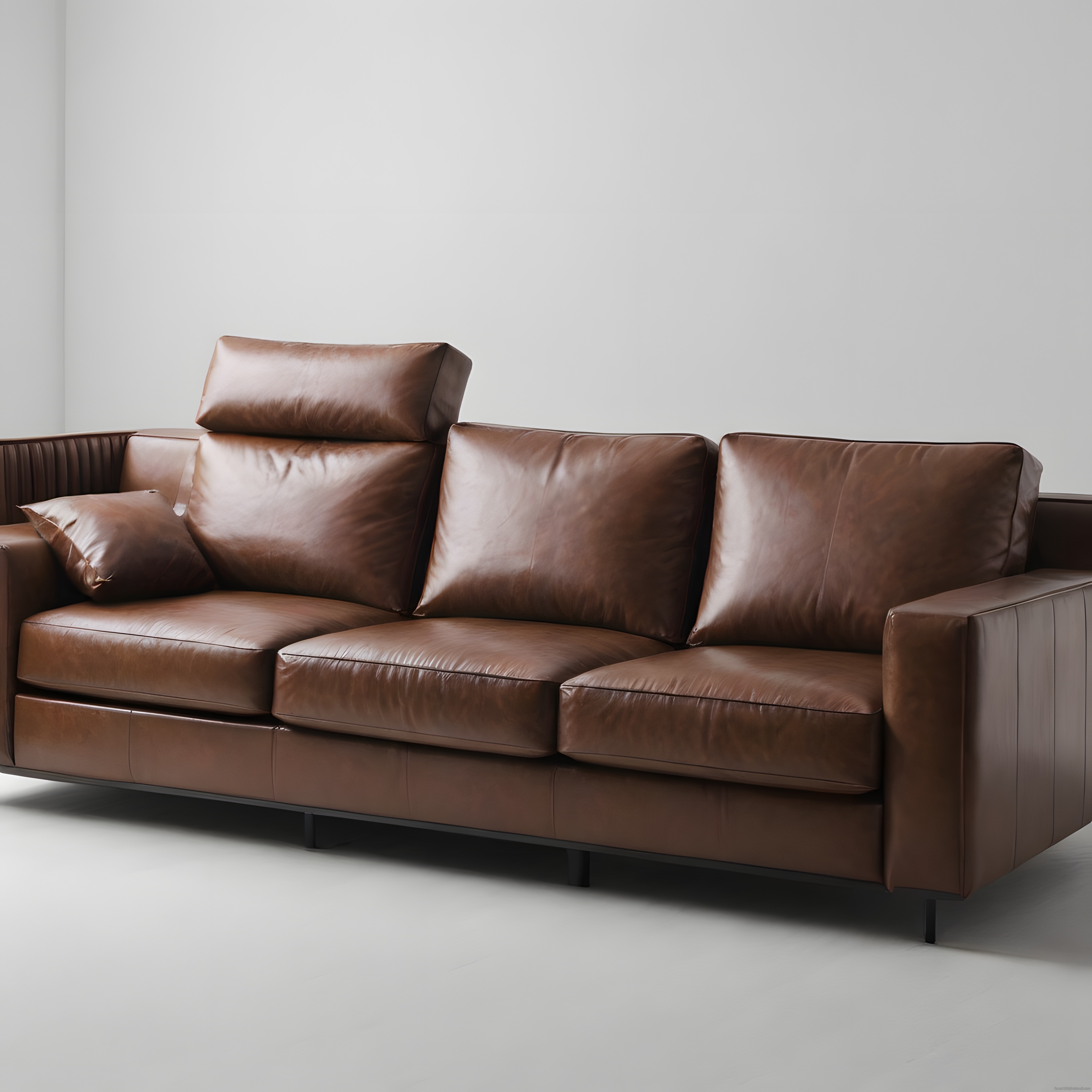 Minimalist Beyaz Fonda Modern Kahverengi Deri Kanepe ve Dekorasyon