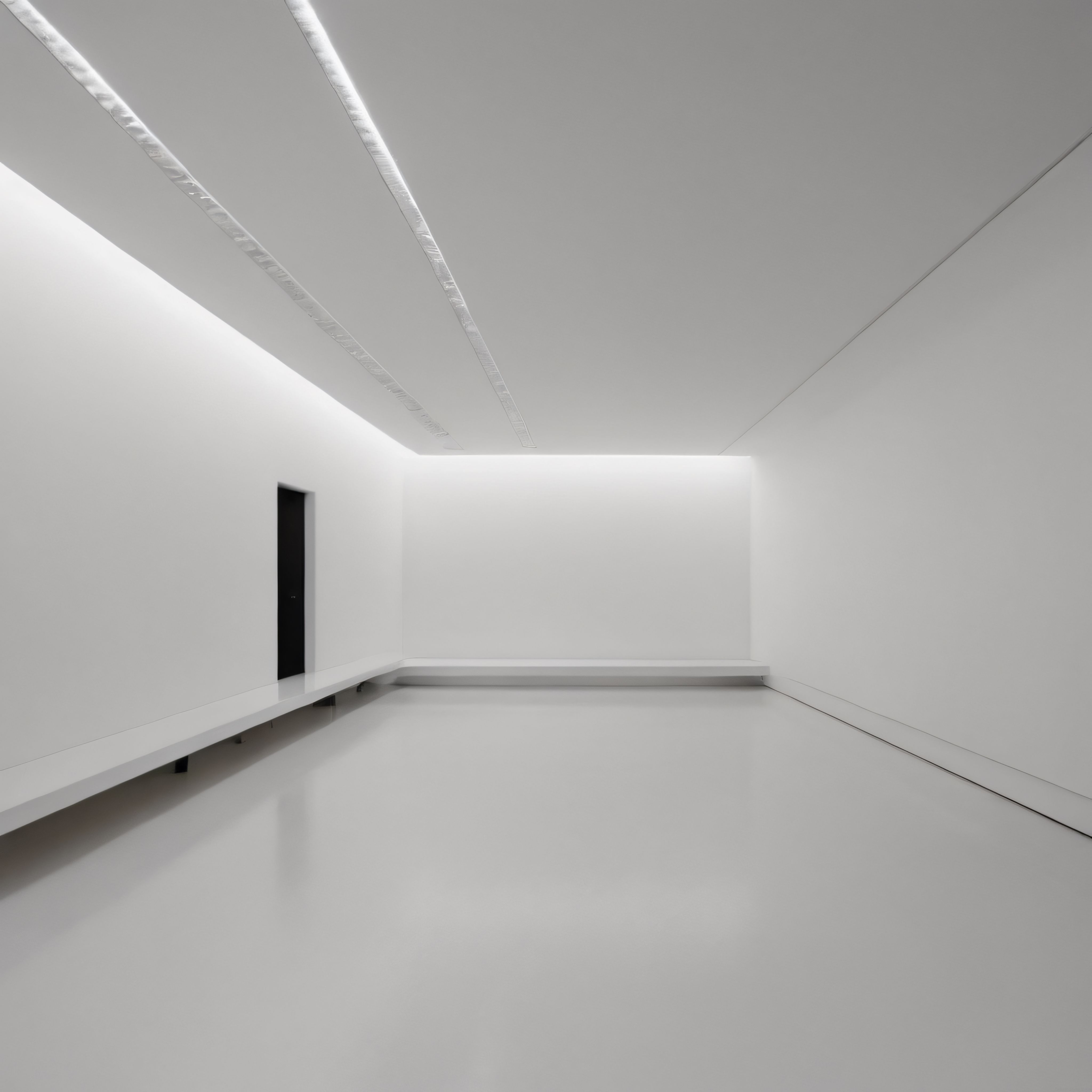 Minimalist Beyaz Galeri İçi: Modern Mimari ve Işık Bantlarıyla Serin Atmosfer