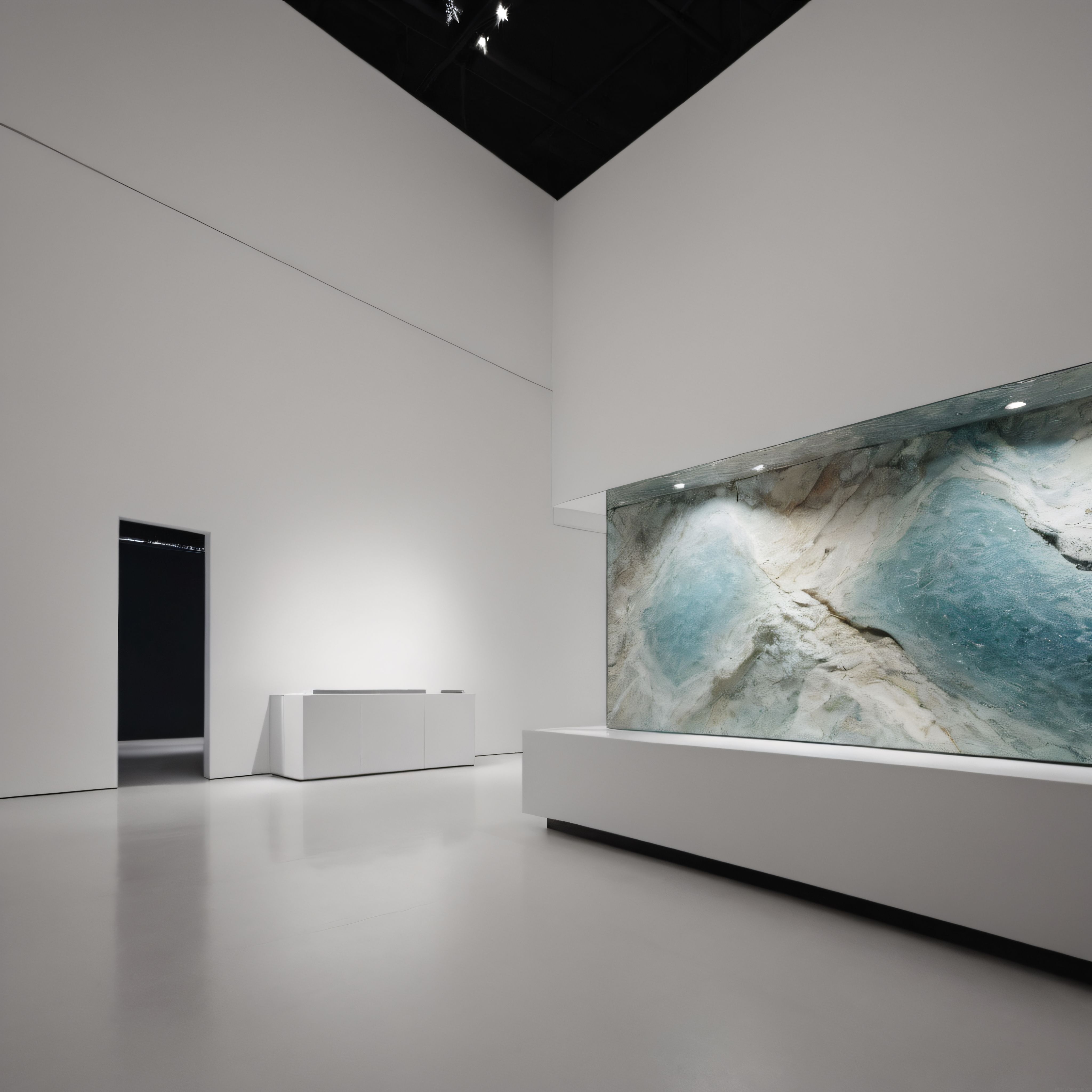 Minimalist beyaz galeri içinde mavi dokulu çağdaş sanat eseri