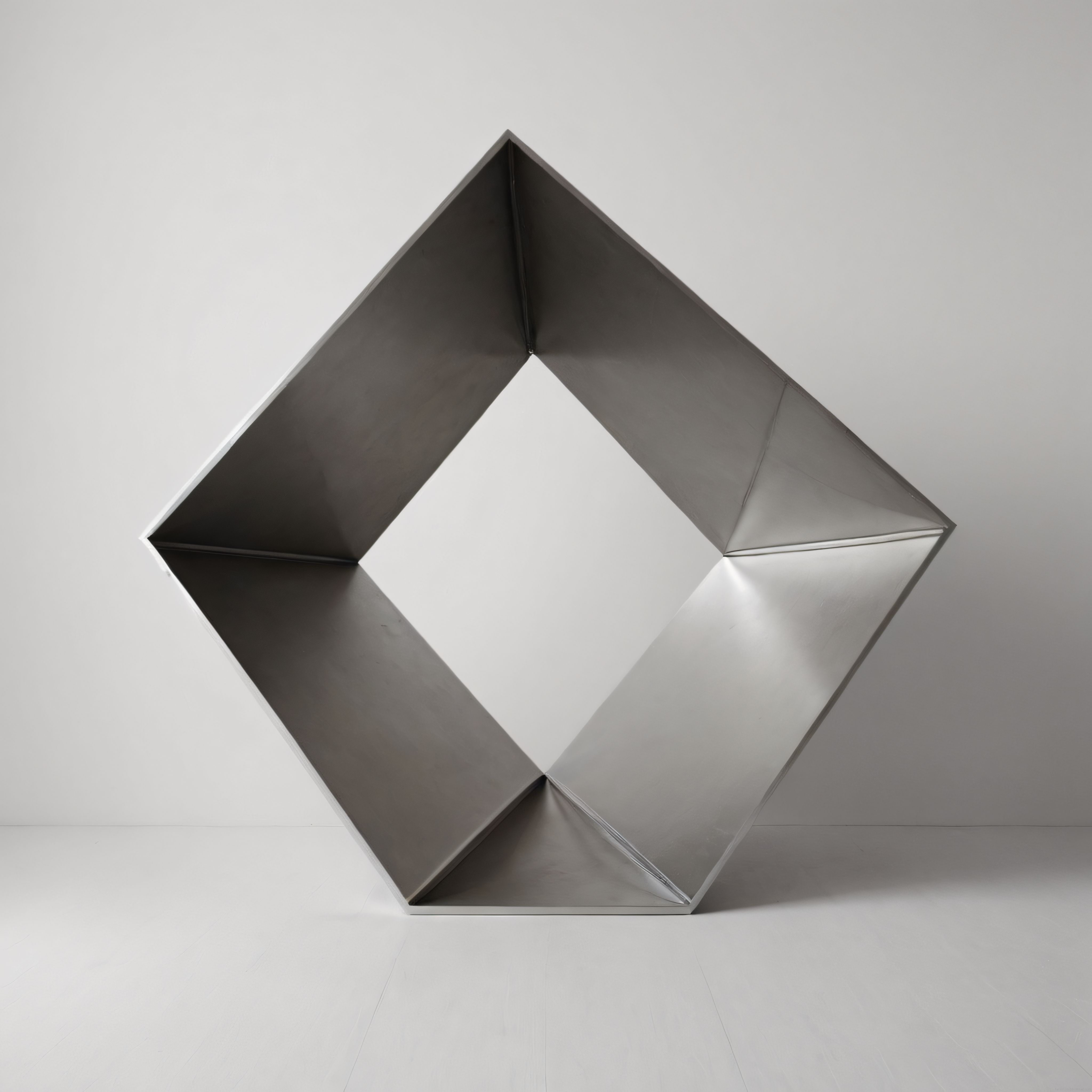 Minimalist Beyaz Galeri Ortamında Çelik Geometrik Sanat Heykeli