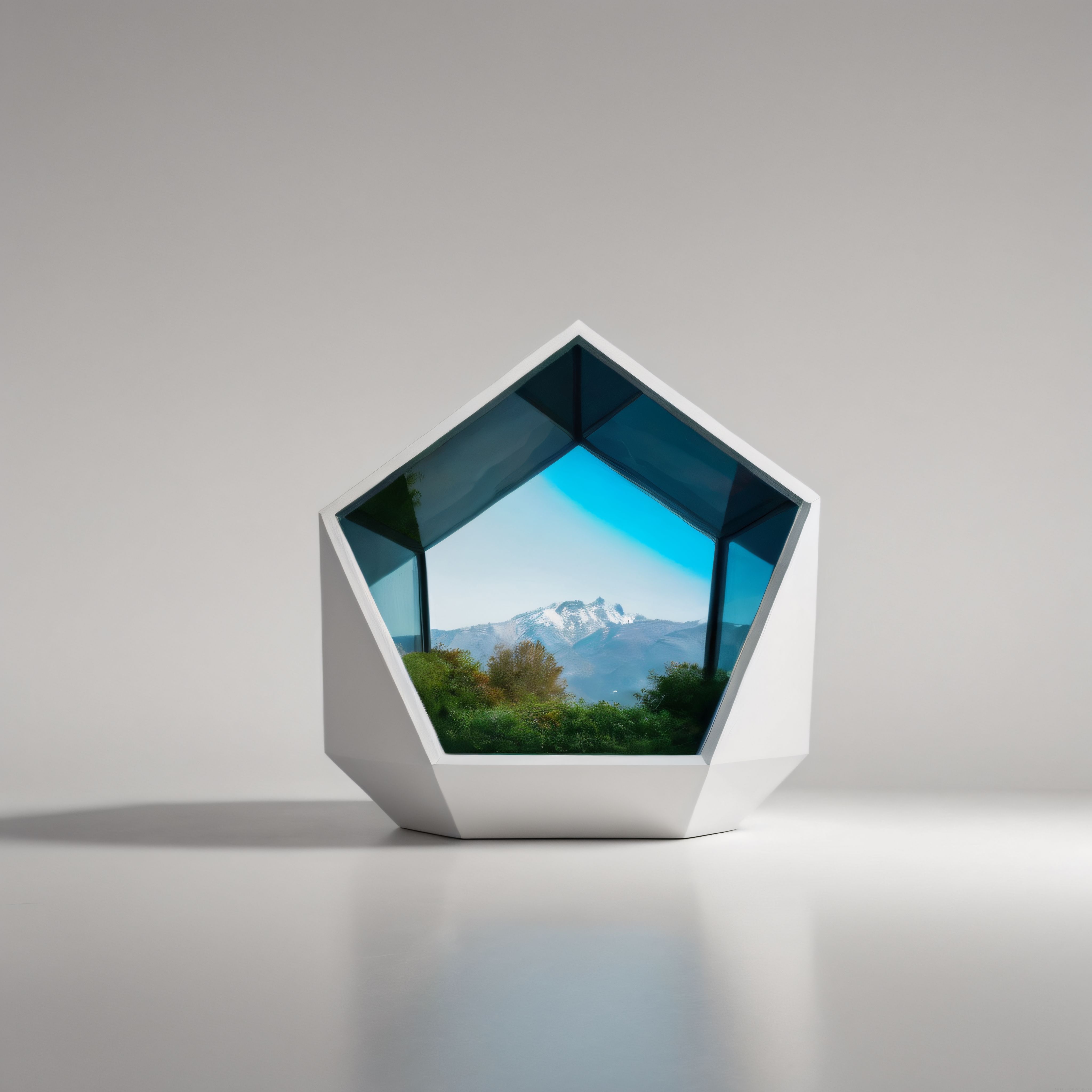 Minimalist Beyaz Geometrik Çerçevede Karlı Dağlar ve Orman Manzarası