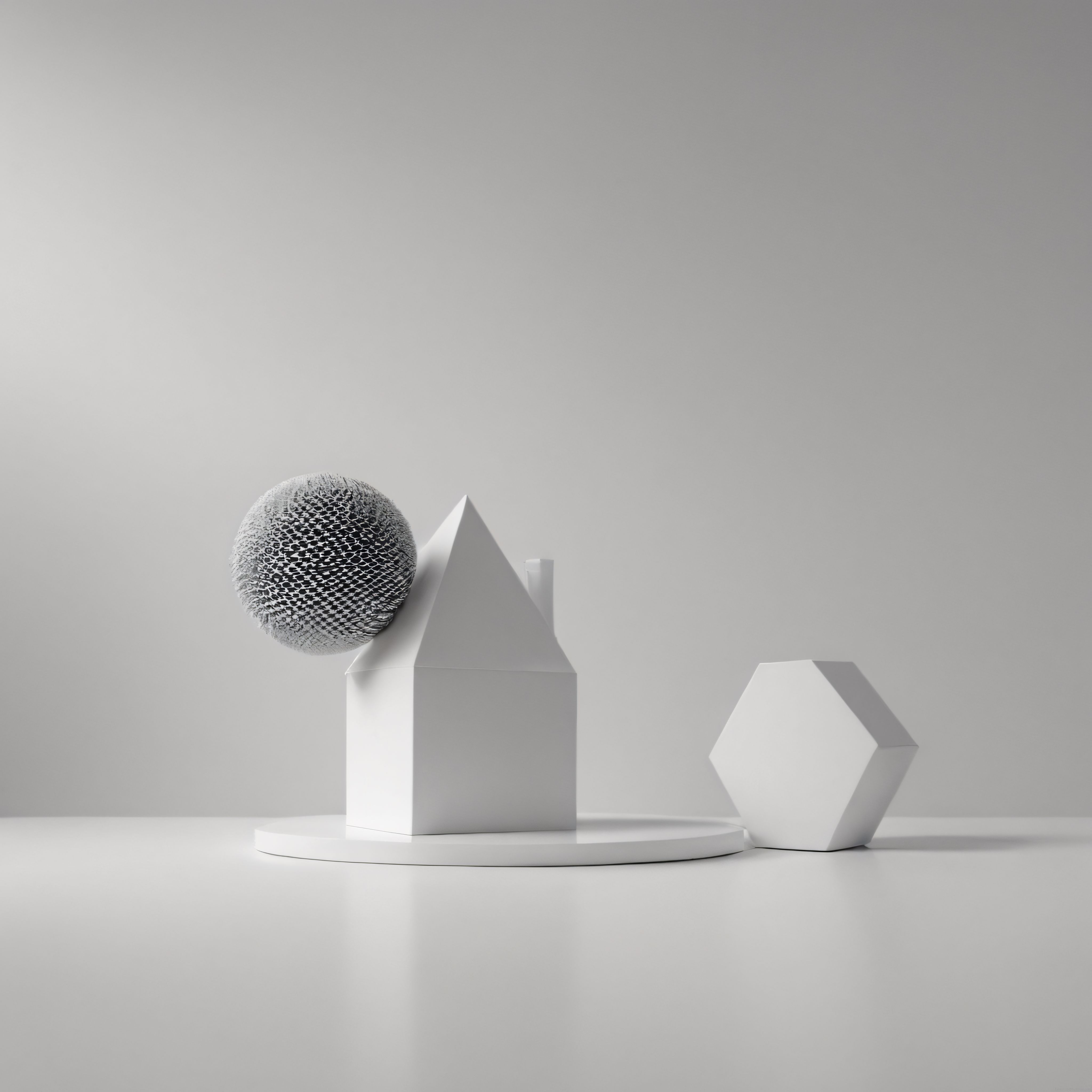 Minimalist Beyaz Geometrik Şekiller ve Dokulu Küre ile Modern Soyut Sanat