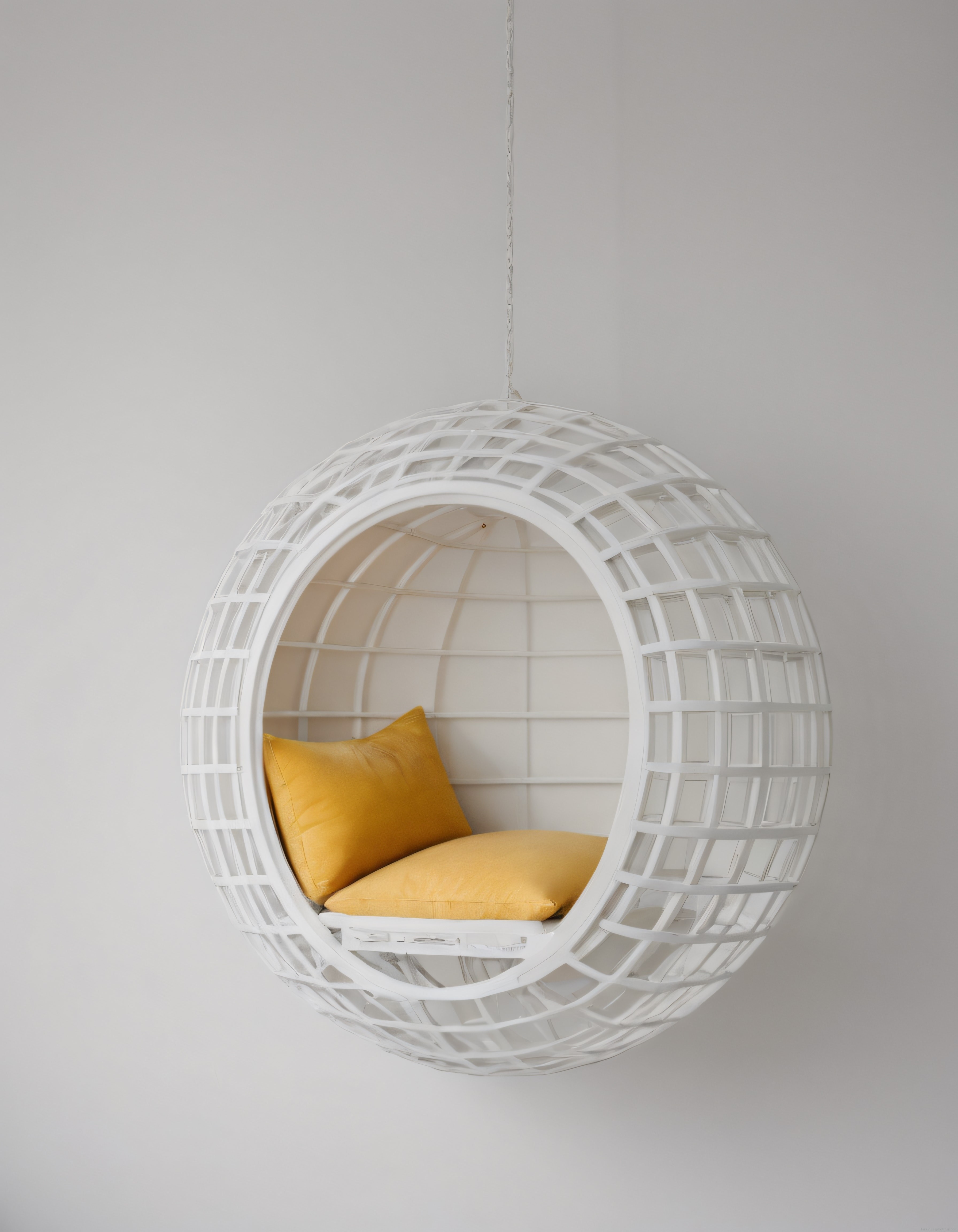 Minimalist beyaz hasır salıncak sandalye ve sarı yastık dekorasyonu Minimalist beyaz hasır salıncak sandalye ve sarı yastık dekorasyonu