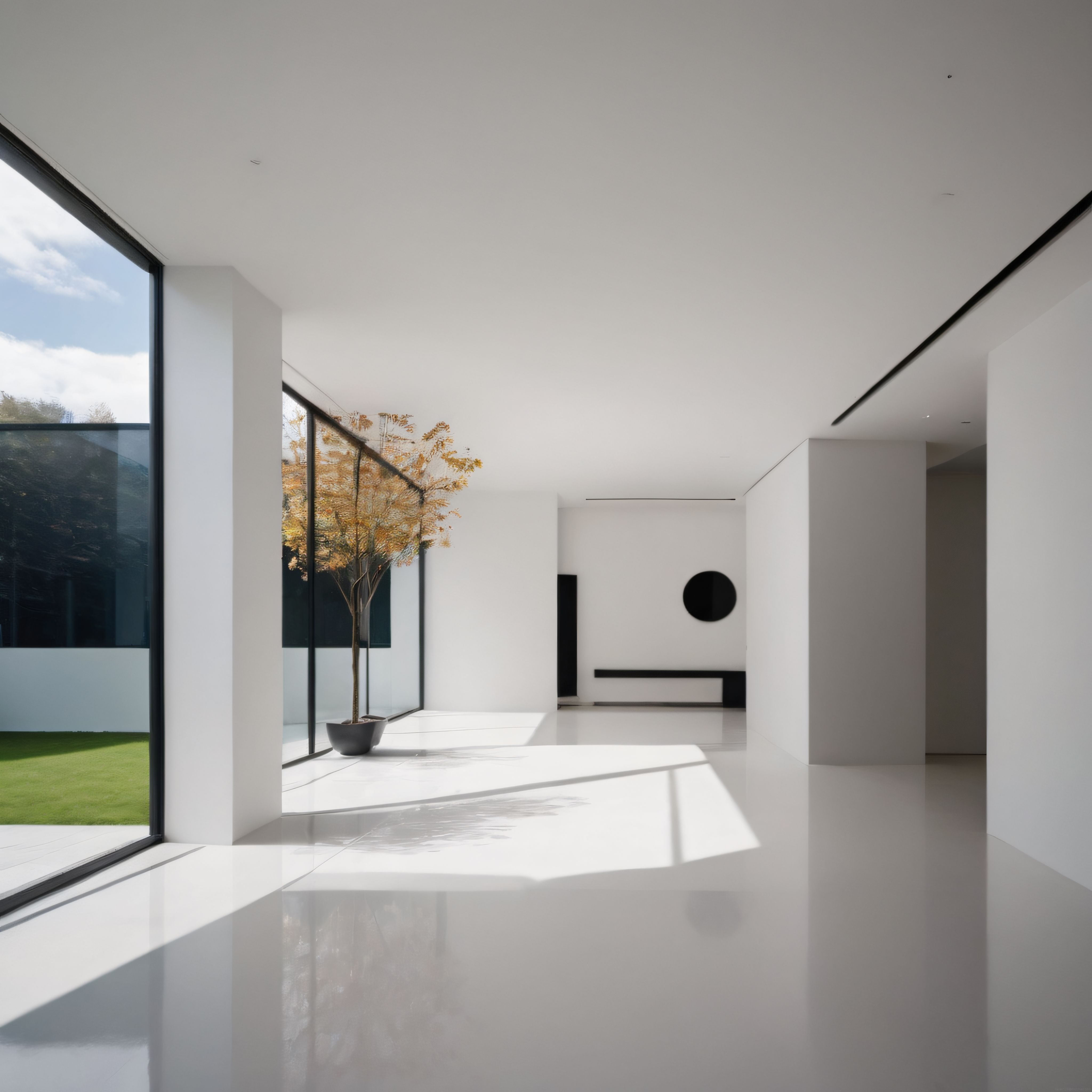 Minimalist Beyaz İç Mekan: Doğal Işık, Cam Cephe ve Modern Sanat Eserleri