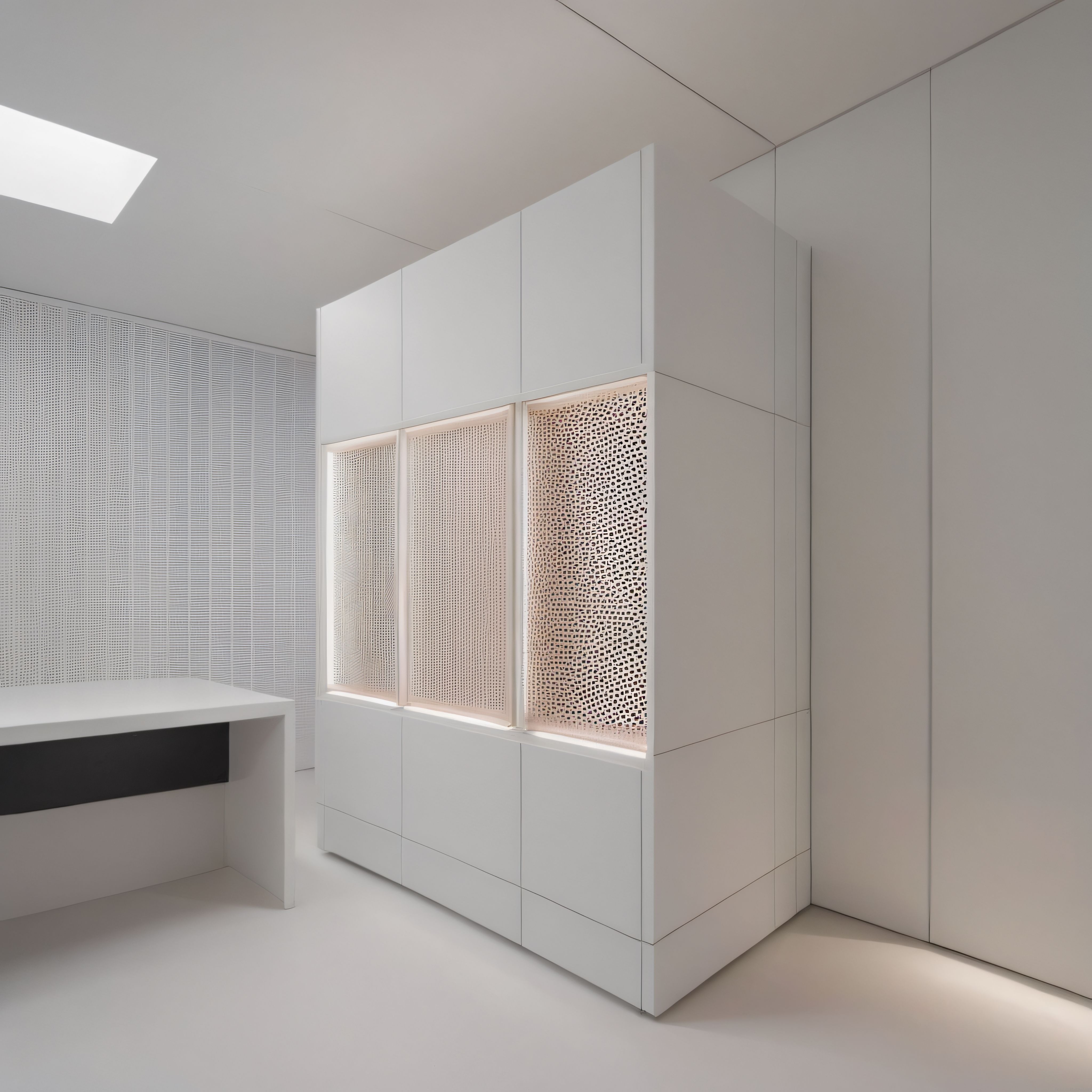 Minimalist Beyaz İç Mekan Dolap ve Aydınlatmalı Dekoratif Panel Tasarımı