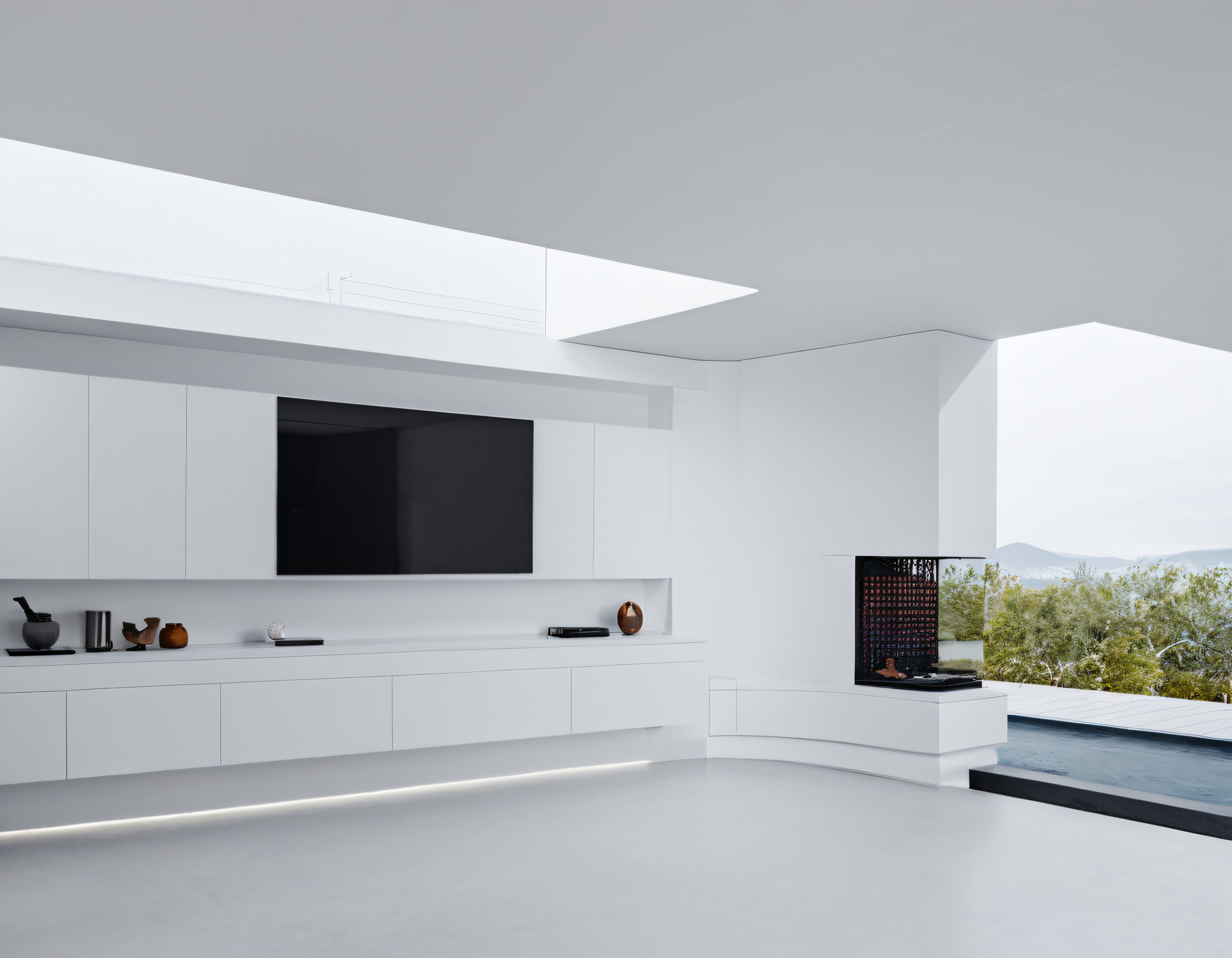 Minimalist Beyaz İç Mekan: Havuz Kenarında Lüks ve Sade Yaşam Alanı