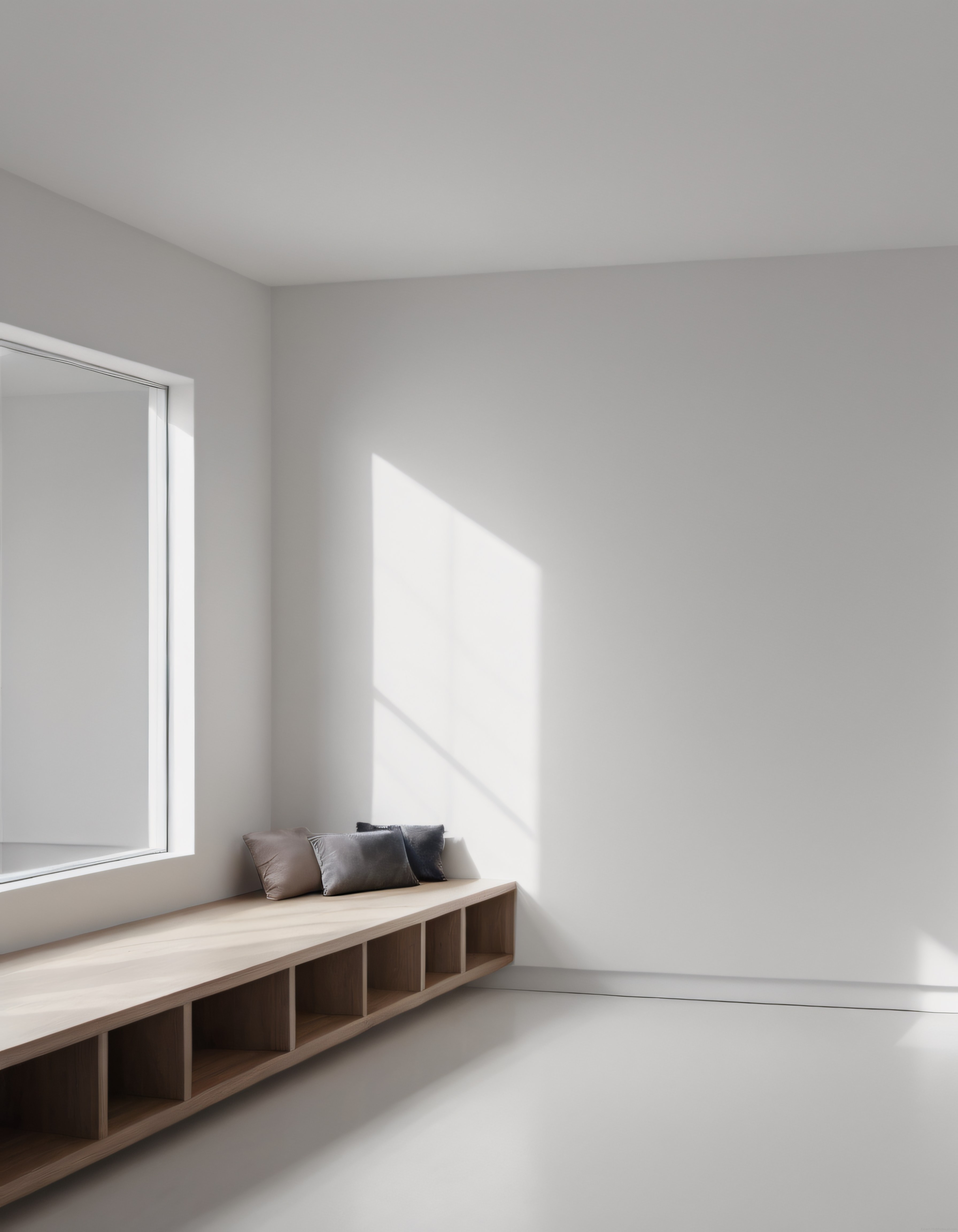 Minimalist Beyaz İç Mekan: Pencerenin Yanında Ahşap Oturma Bankı ve Yastıklar