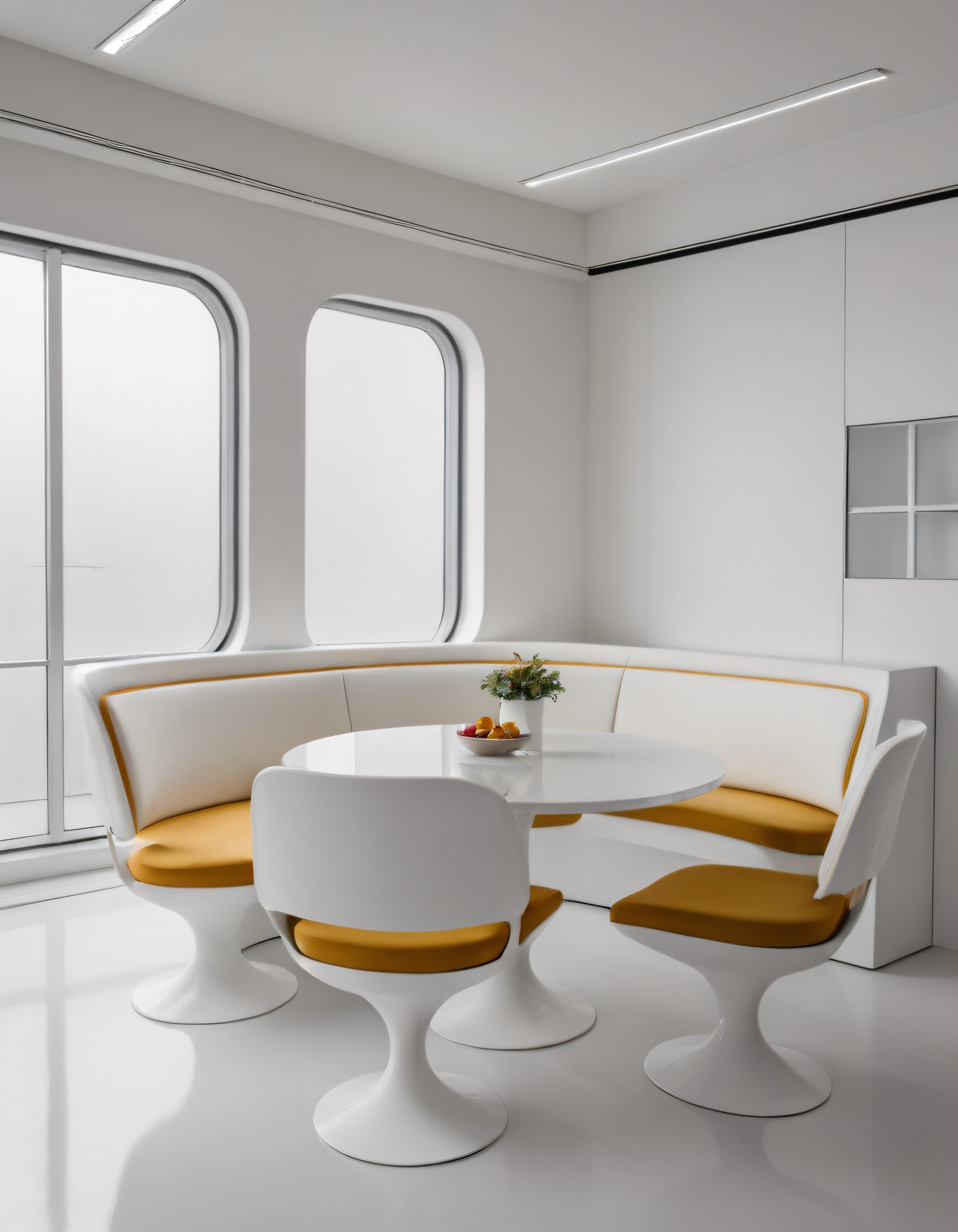Minimalist Beyaz İç Mekan ve Sarı Detaylı Modern Yemek Köşesi Tasarımı