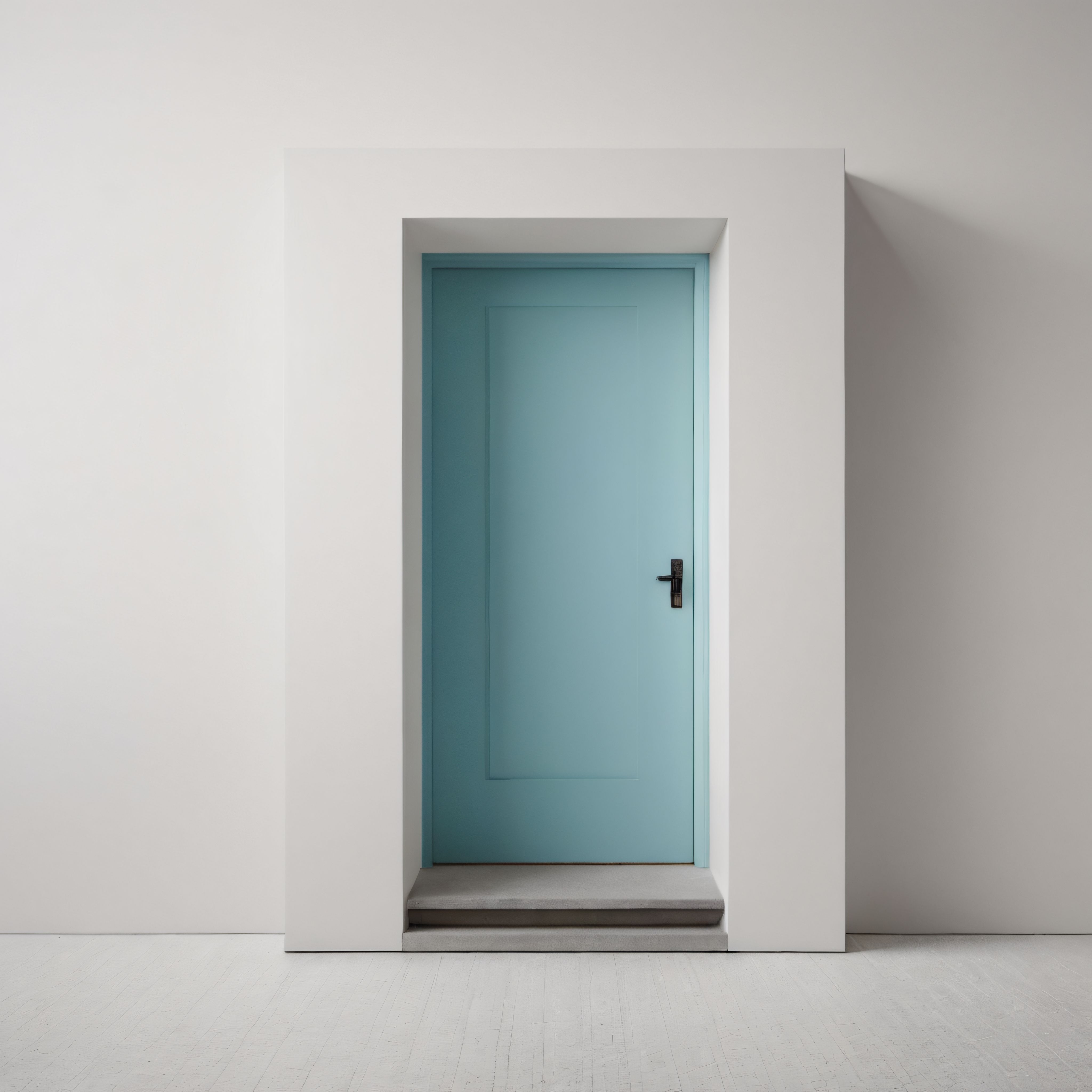Minimalist Beyaz İç Mekanda Açık Mavi Kapı ve Sade Mimari Detaylar
