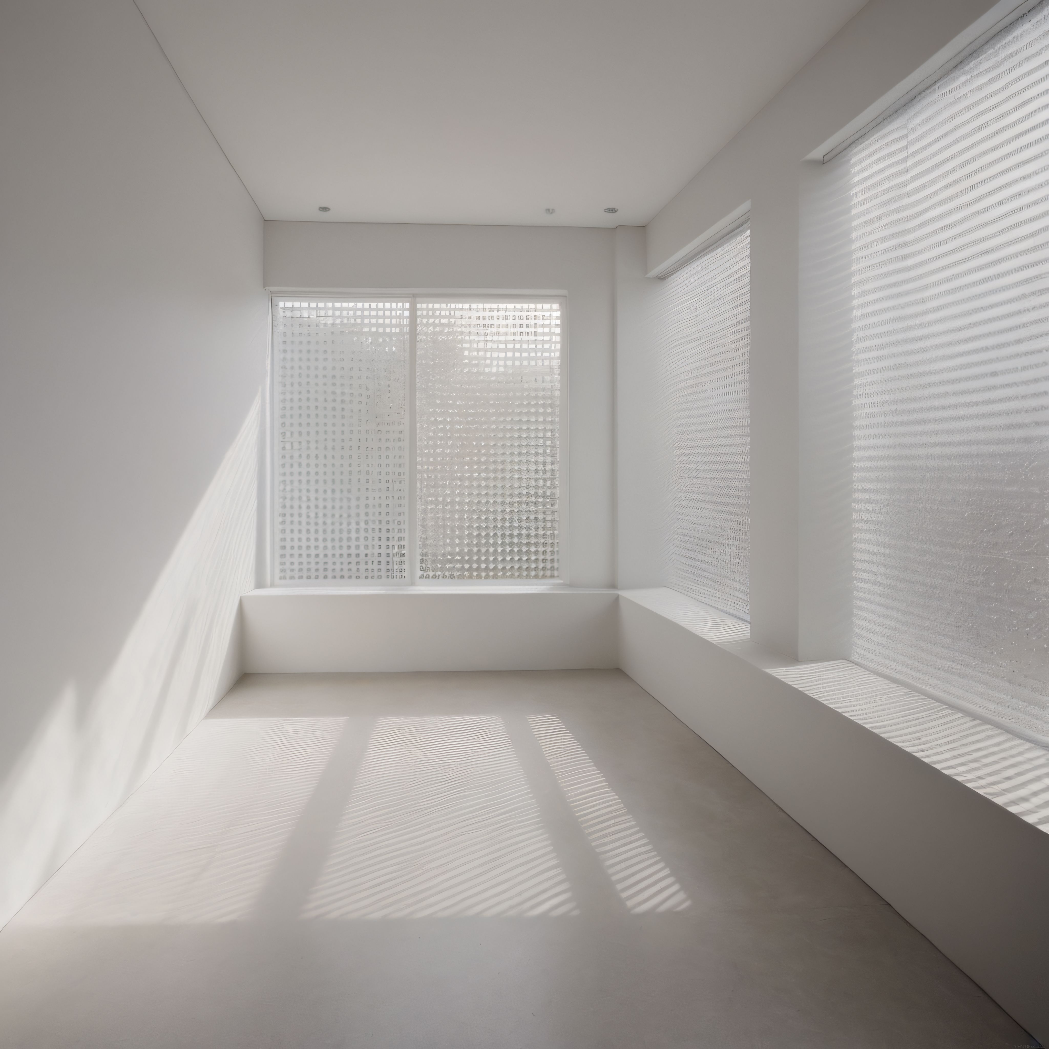 Minimalist beyaz iç mekanda dokulu camdan yansıyan ışık ve gölgeler oyunu