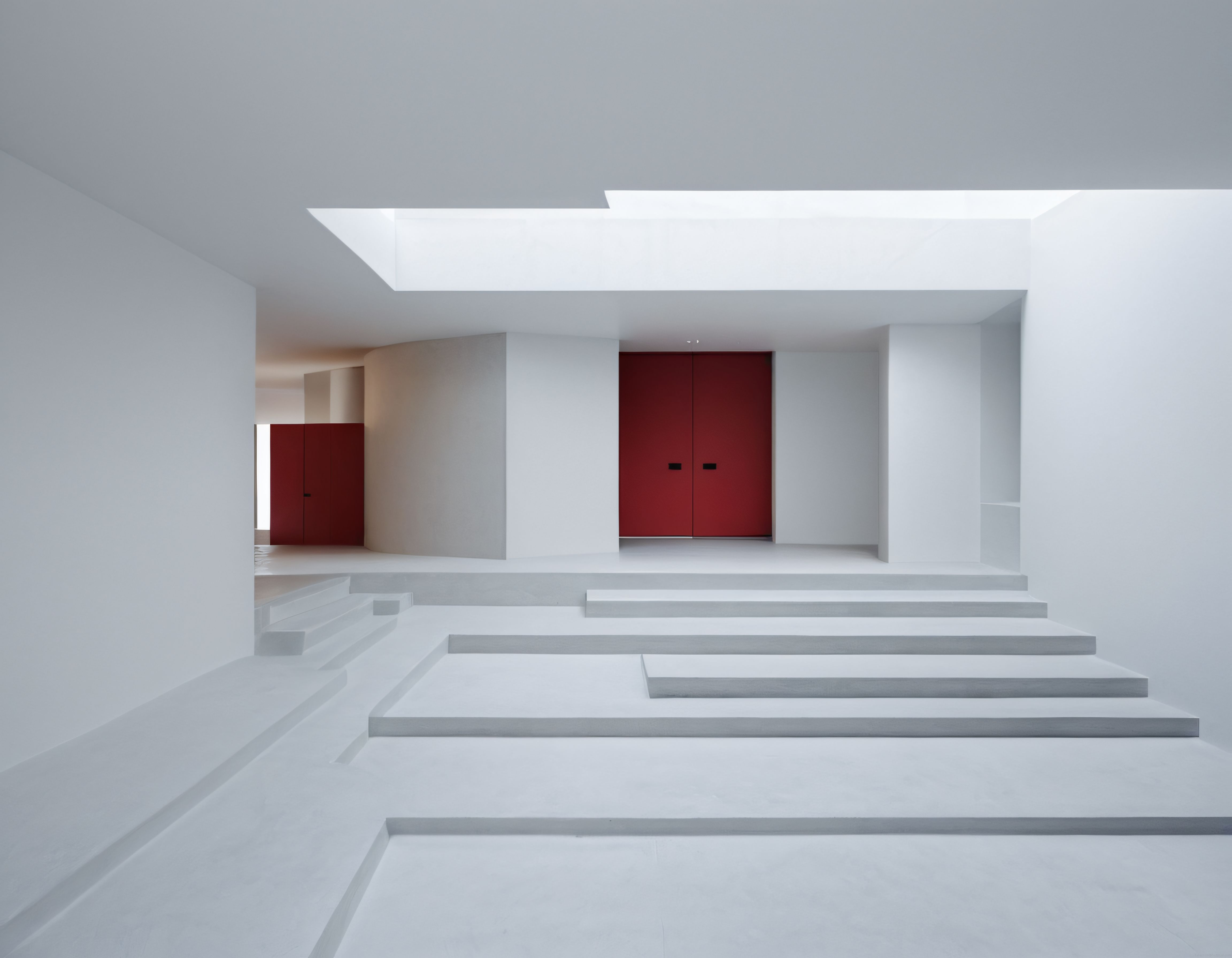 Minimalist Beyaz İç Mekânda Geometrik Basamaklar ve Kırmızı Kapı Detayı