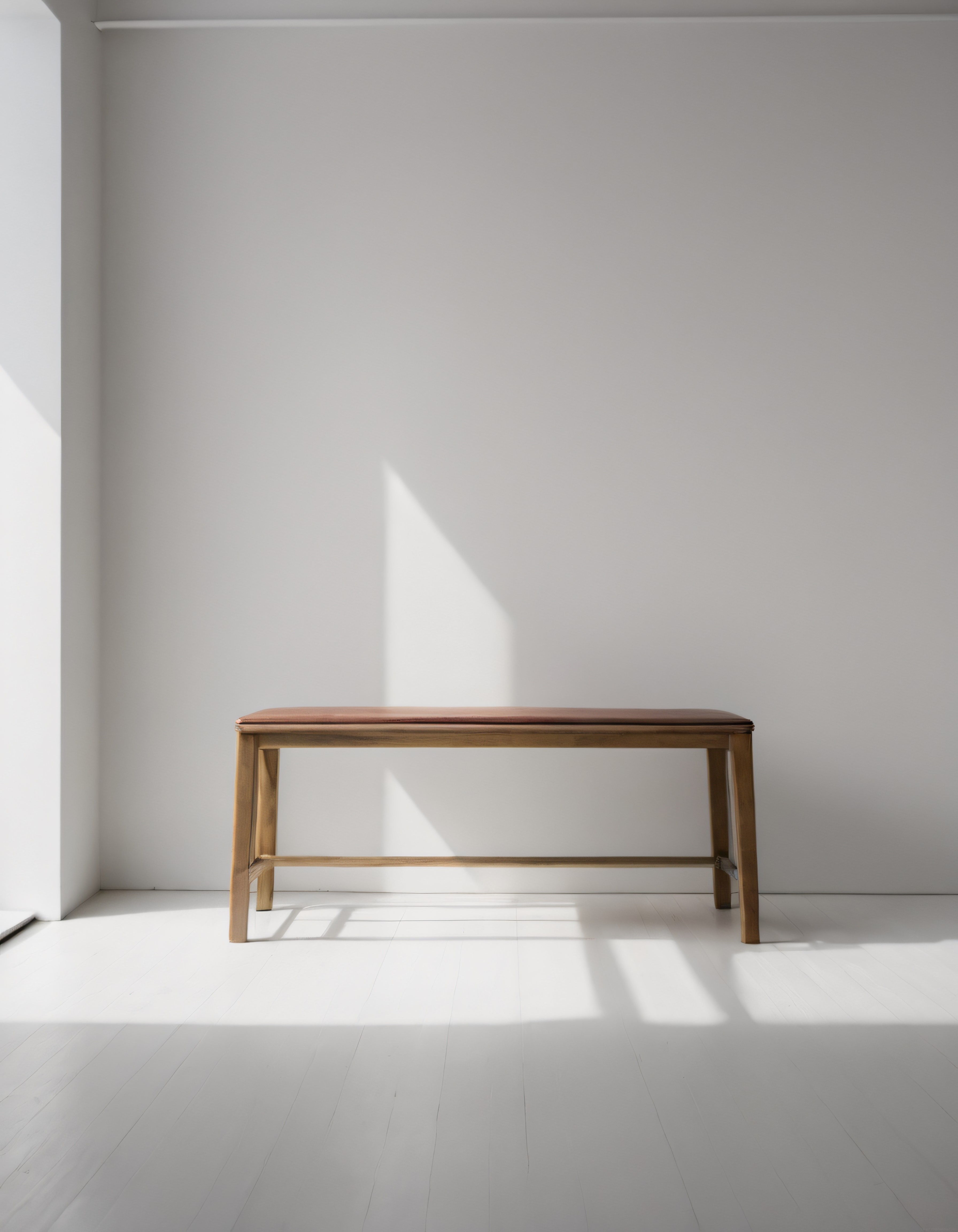 Minimalist Beyaz iç Mekanda Modern Ahşap Bank ve Doğal Günışığı Detayı