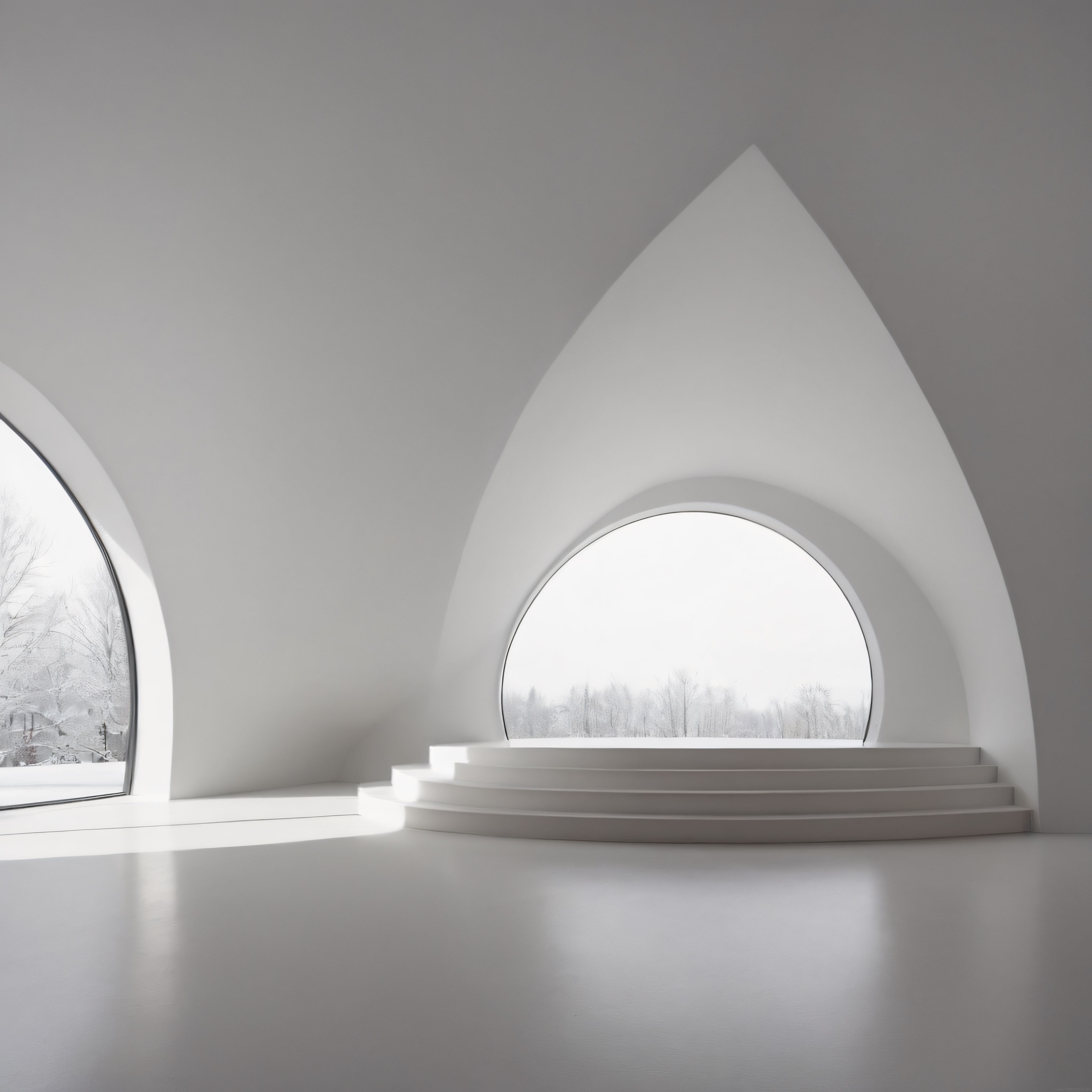Minimalist Beyaz İç Mekanda Organik Formlar ve Kış Manzarası