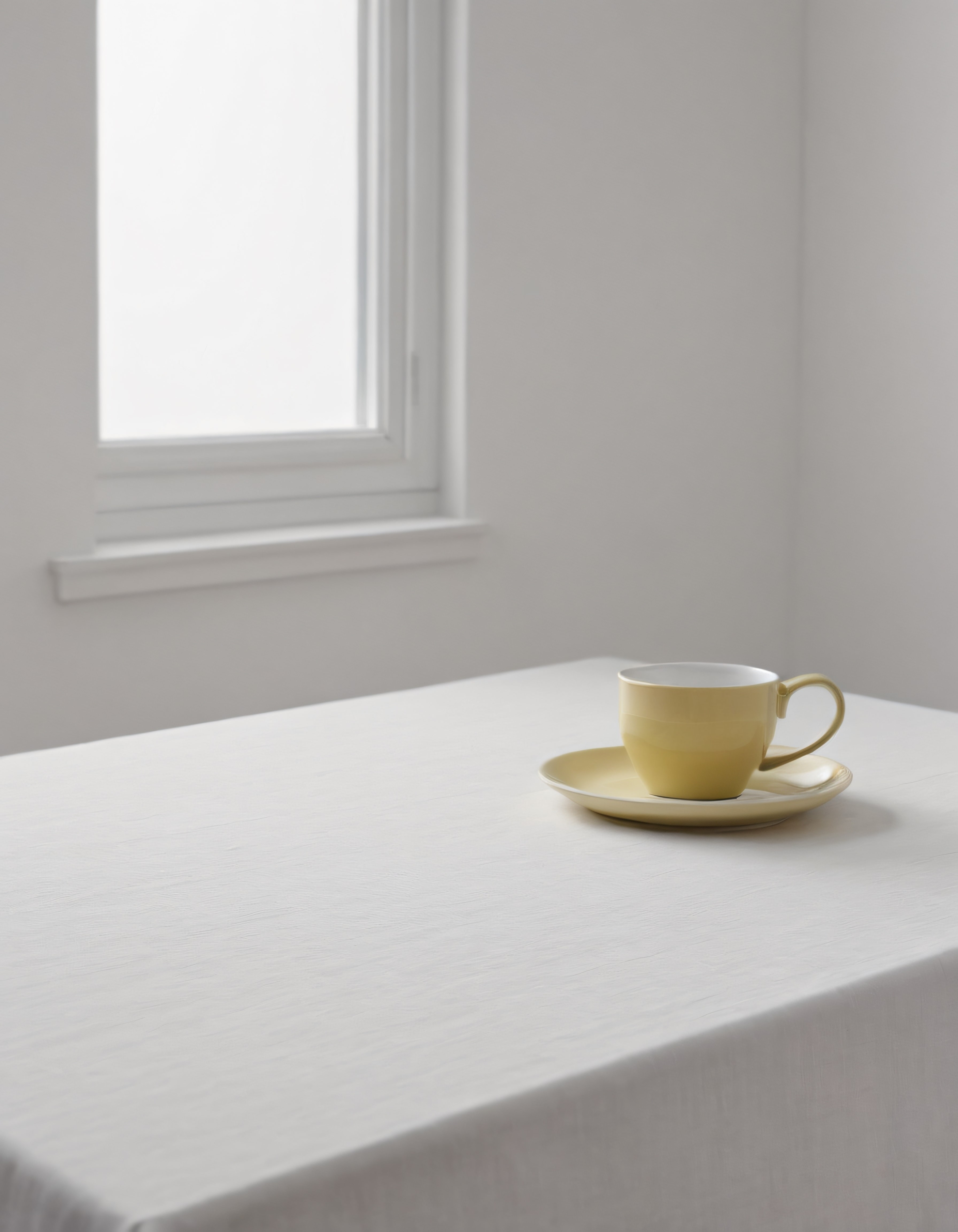 Minimalist Beyaz İç Mekanda Pencere Kenarında Sarı Kahve Fincanı